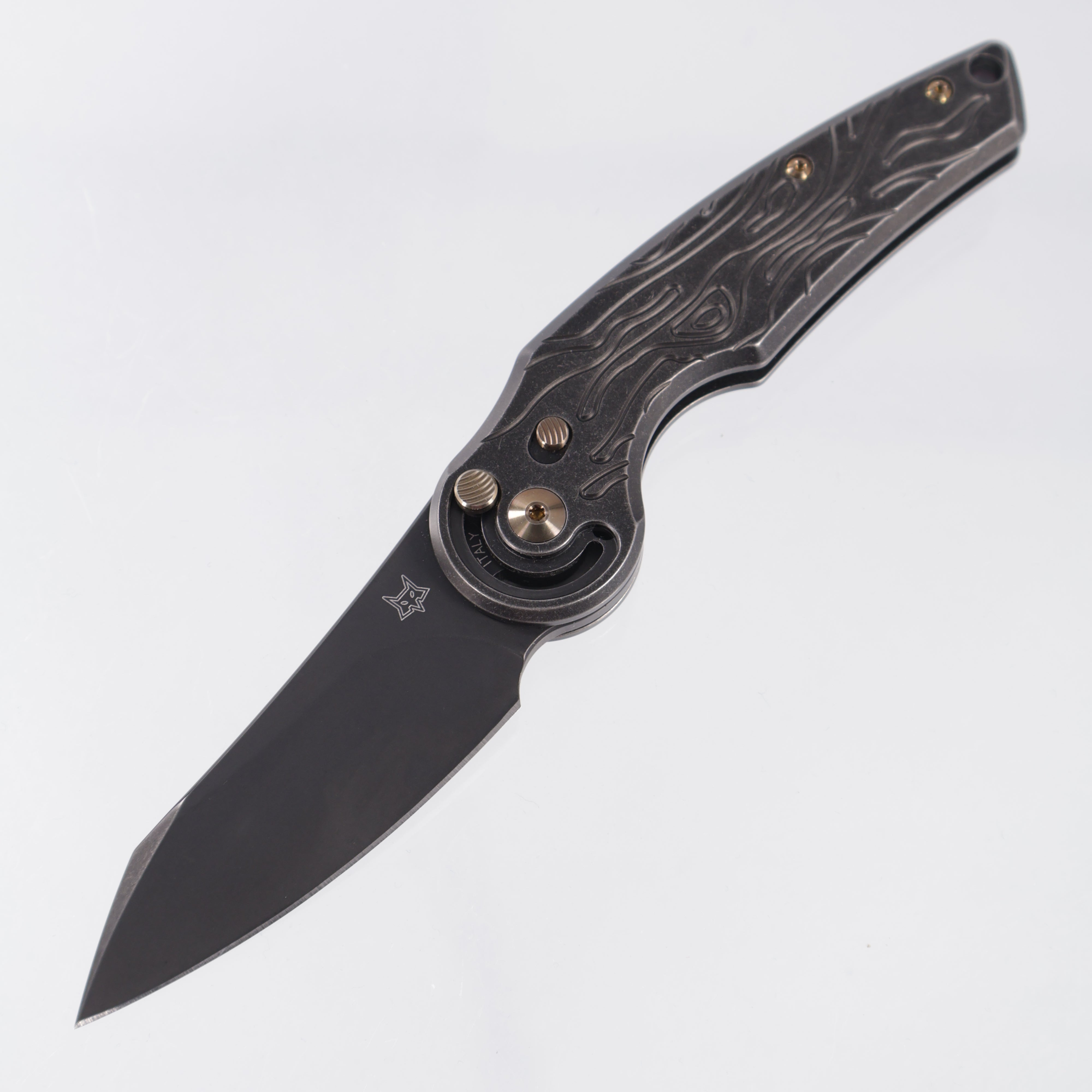Fox Knives Jupiter - Black Stonewash Topo Pattern Titanium w/ Bronze Hardware - Black Stonewash PVD M390 - FX-555 TIBR
