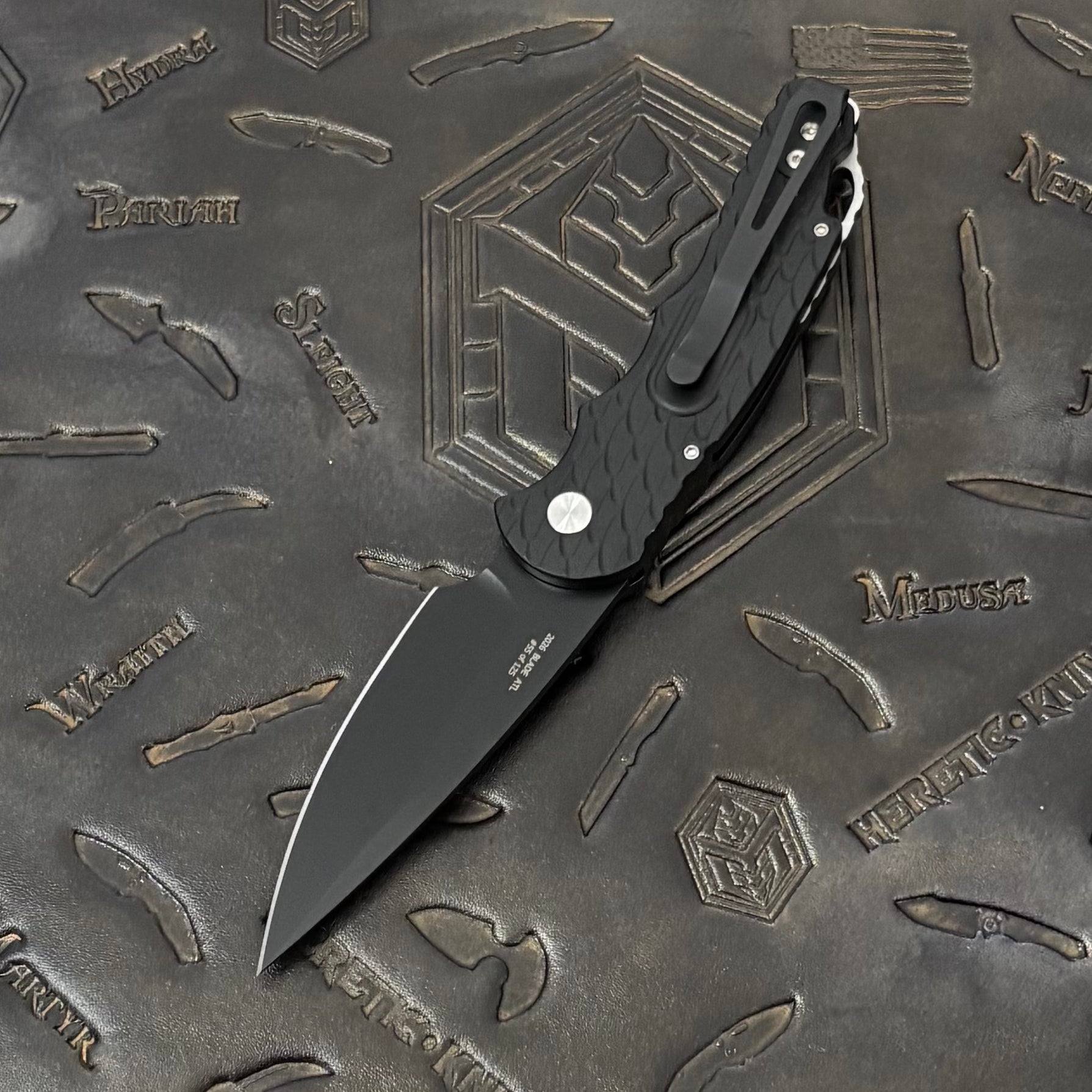 Pro-Tech TR-5 - Black Feather Texture Aluminum w/ Black Lip Pearl Button & Safety - DLC S35VN - BSA26.TR5.1