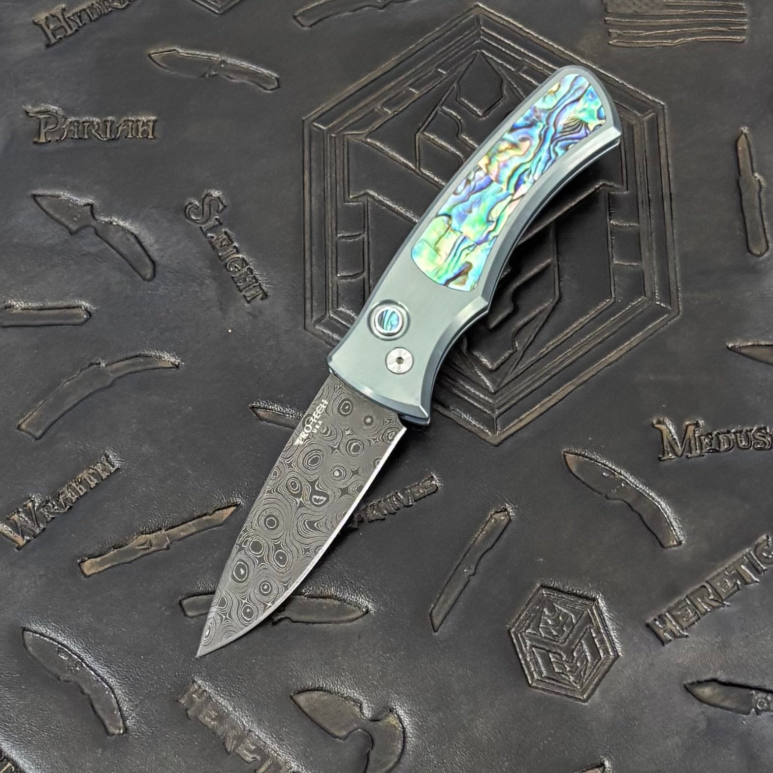 Pro-Tech Duke 2 - Seafoam Green Anodized Titanium w/ Abalone Inlays & Button - Chad Nichols Raindrop Damascus - 2026 Duke Custom 005