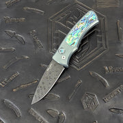 Pro-Tech Duke 2 - Seafoam Green Anodized Titanium w/ Abalone Inlays & Button - Chad Nichols Raindrop Damascus - 2026 Duke Custom 005