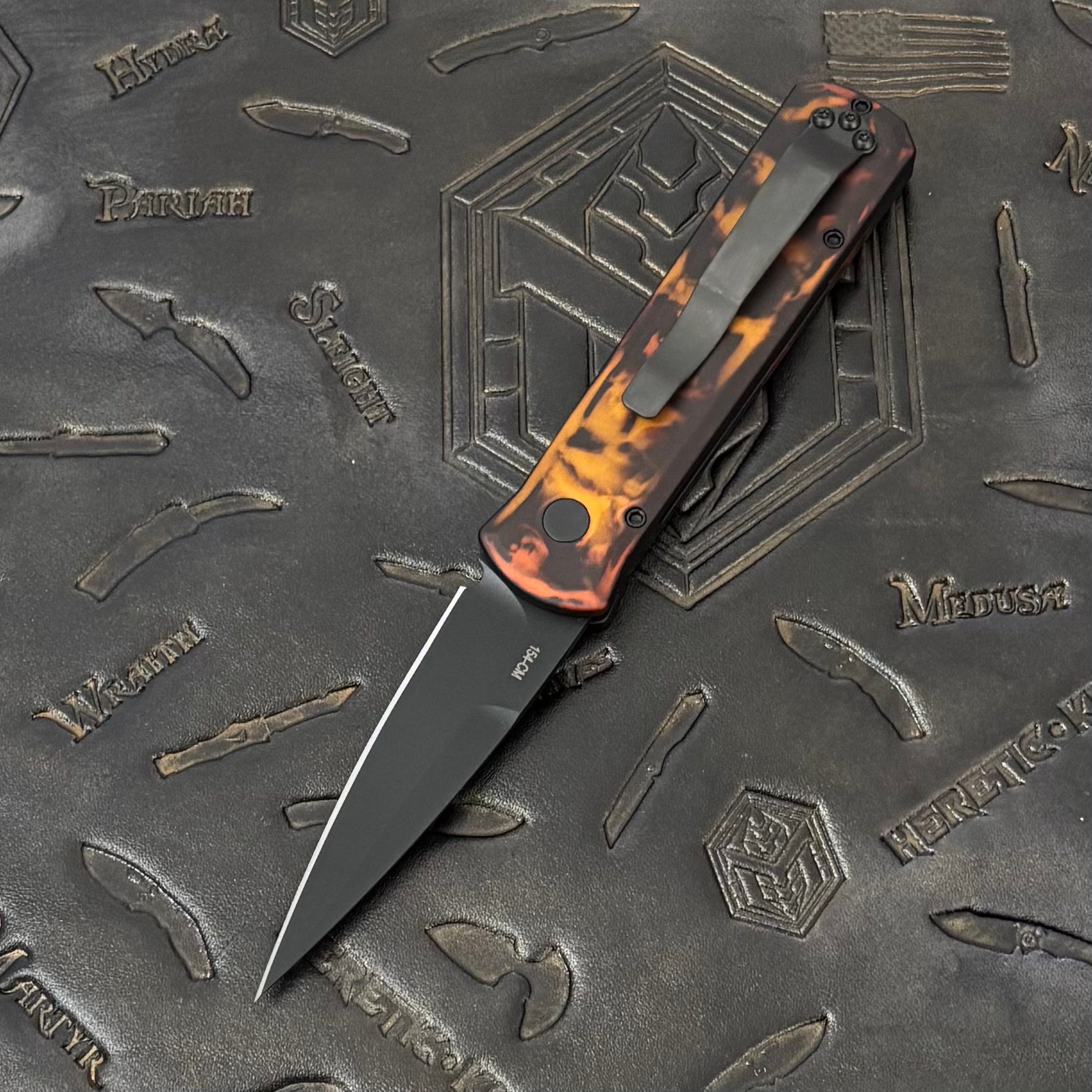 Pro-Tech Godson - Del Fuego Anodized Aluminum w/ Black Lip Pearl Button - DLC 154CM - 721 DF2