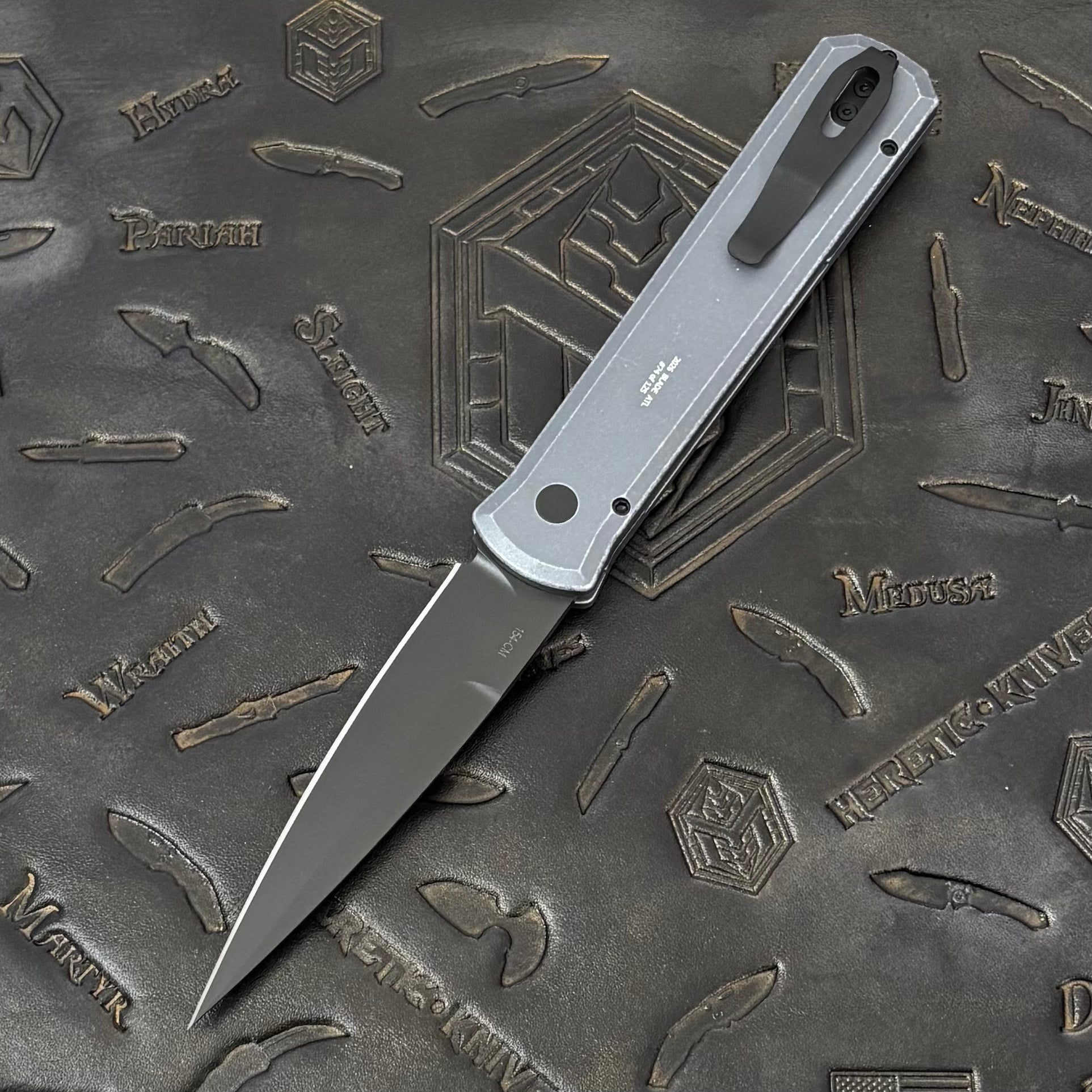 Pro-Tech Godfather - Battleworn Grey Aluminum w/ Black Lip Pearl Button - DLC 154CM - BSA26.Godfather.1