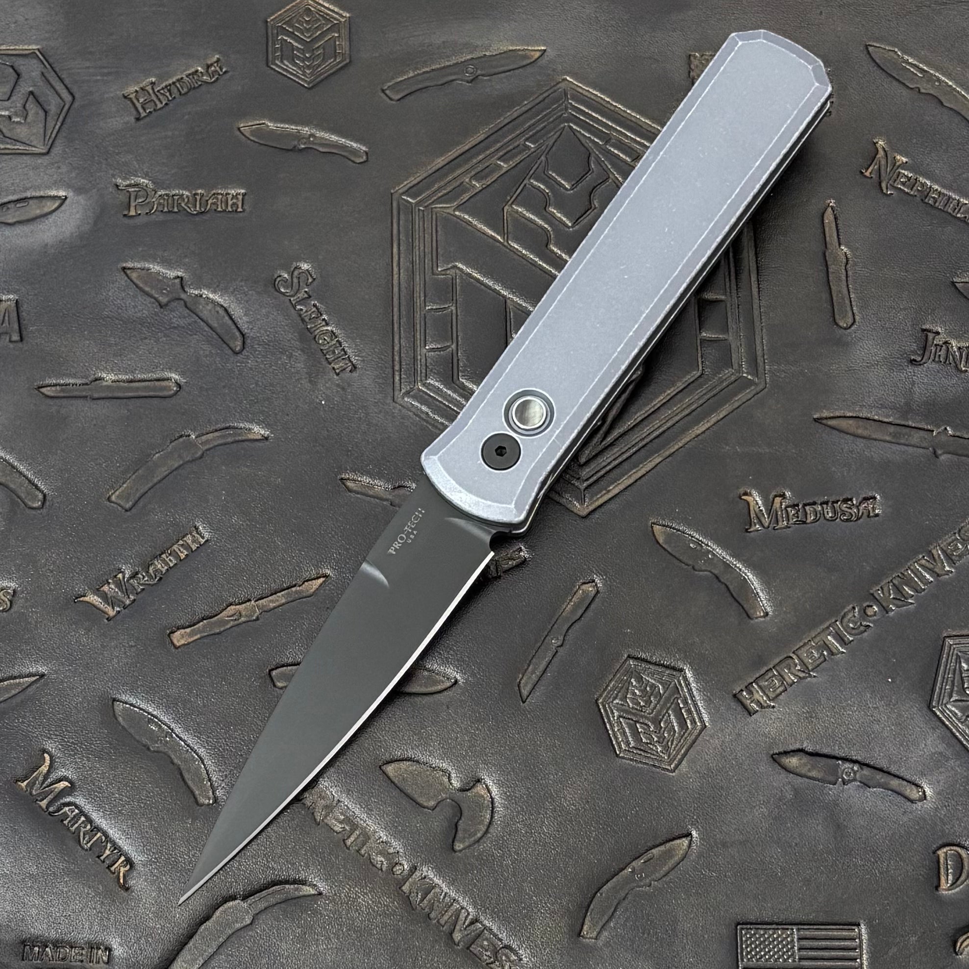 Pro-Tech Godfather - Battleworn Grey Aluminum w/ Black Lip Pearl Button - DLC 154CM - BSA26.Godfather.1
