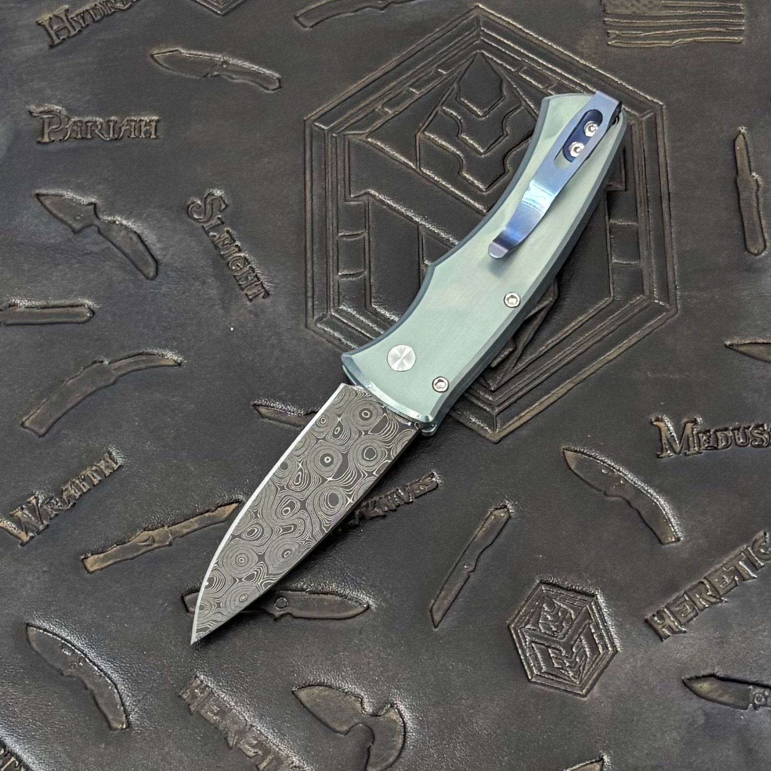 Pro-Tech Duke 2 - Seafoam Green Anodized Titanium w/ Abalone Inlays & Button - Chad Nichols Raindrop Damascus - 2026 Duke Custom 005