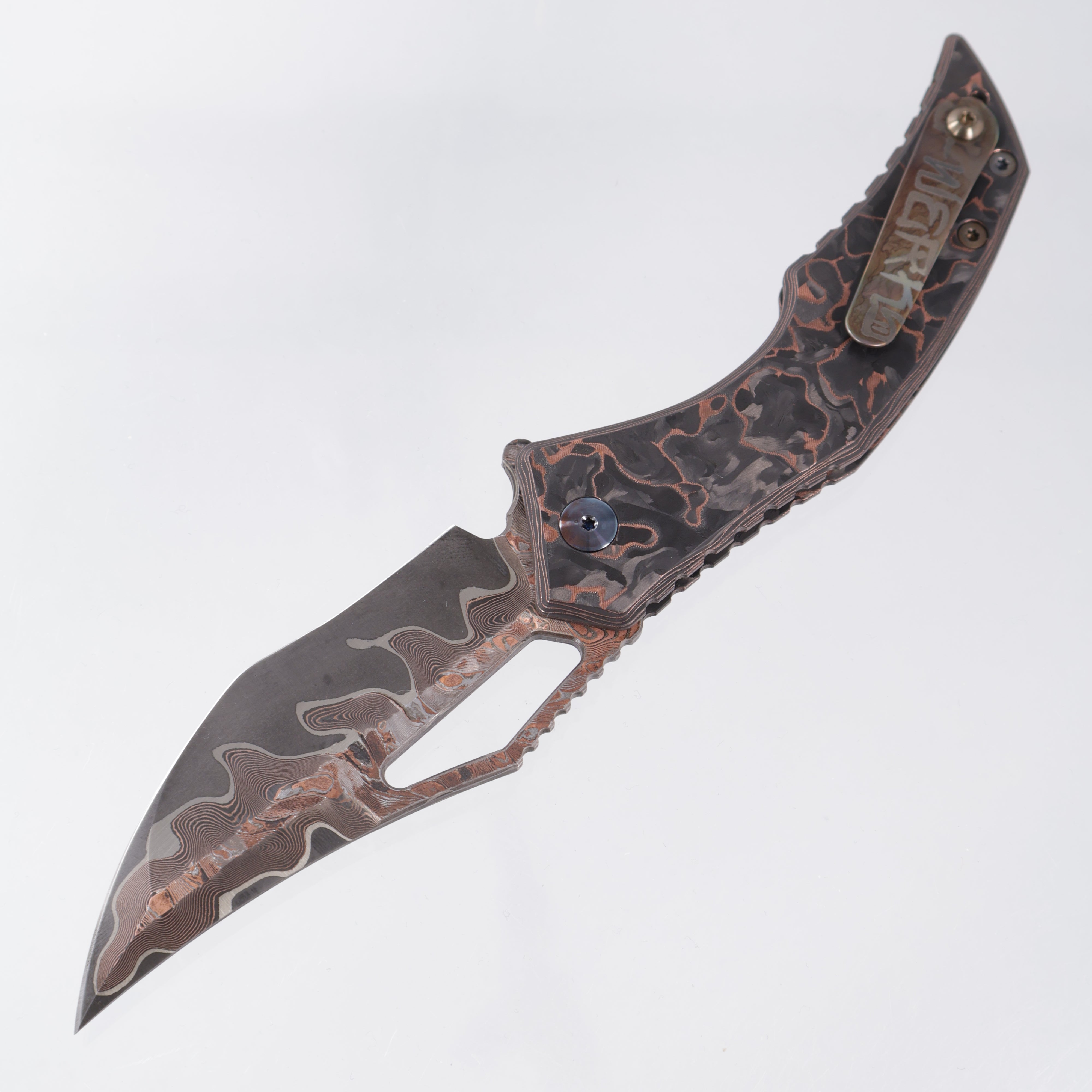 G-Werks Backstrom - Dark Matter Copper Carbon Fiber w/ Flamed Hardware - Baker Forge Damascus Sean Marfione Slum Grind