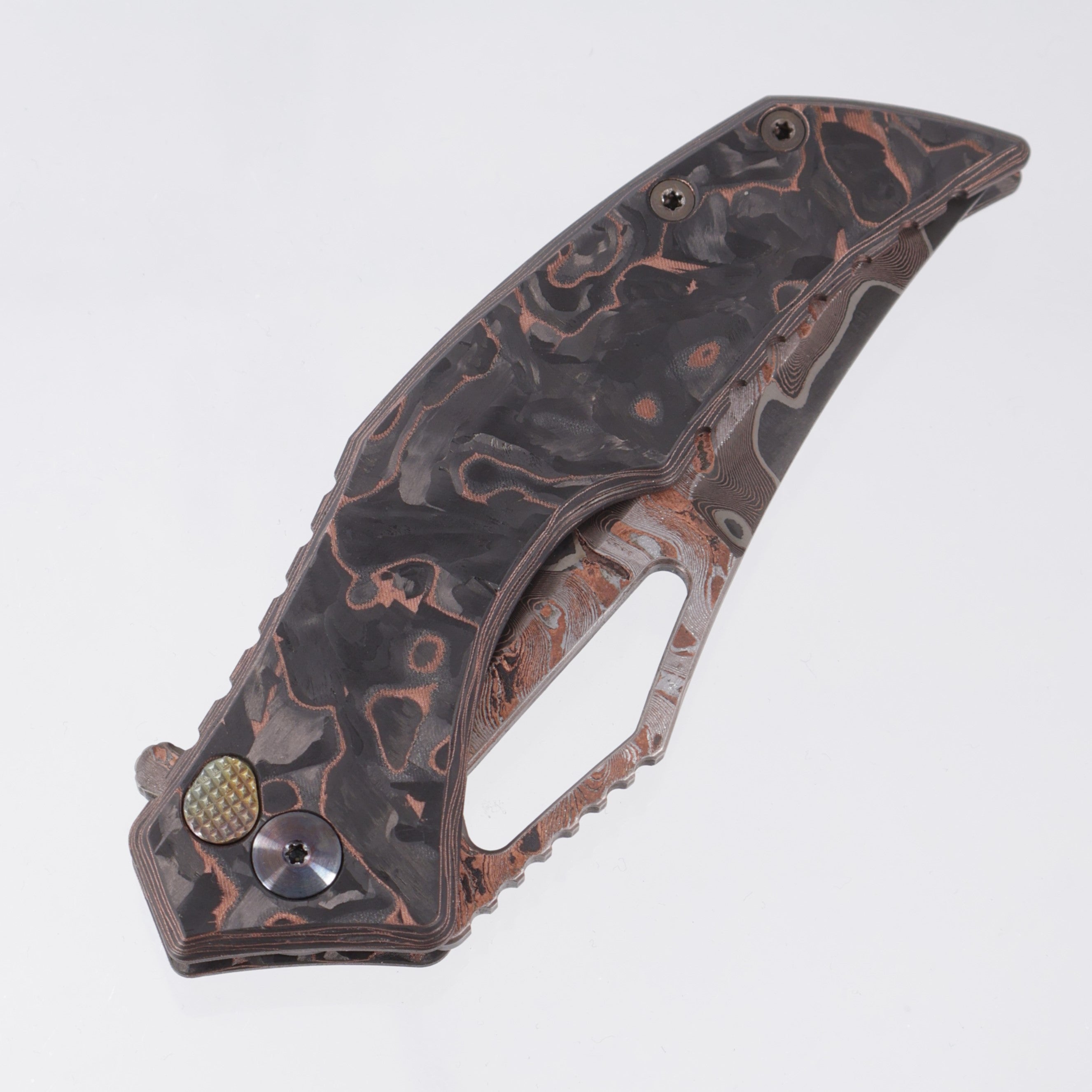 G-Werks Backstrom - Dark Matter Copper Carbon Fiber w/ Flamed Hardware - Baker Forge Damascus Sean Marfione Slum Grind