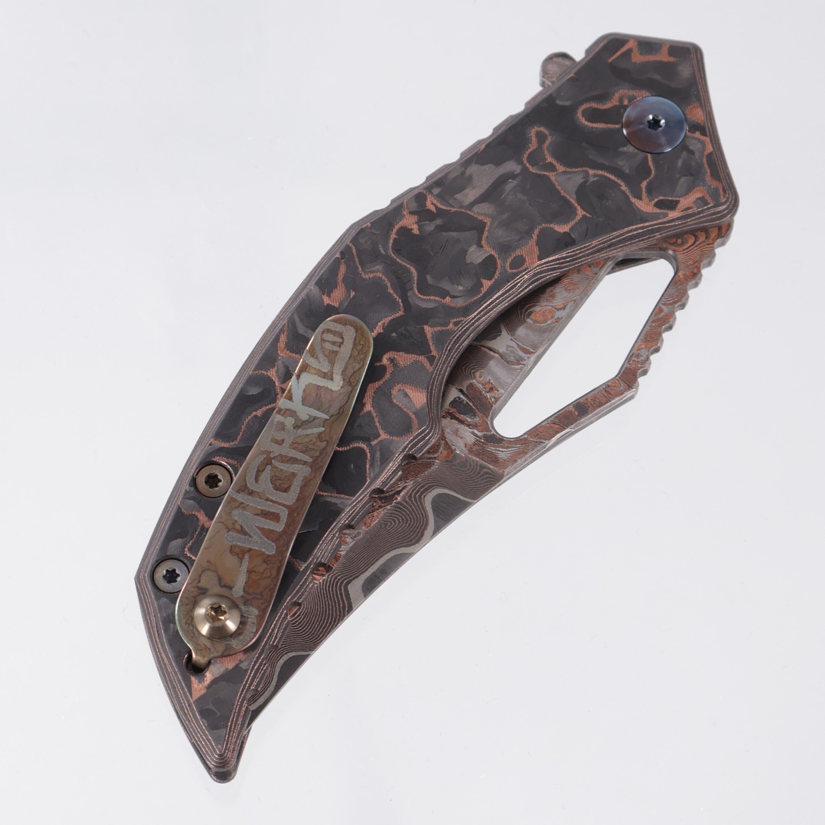 G-Werks Backstrom - Dark Matter Copper Carbon Fiber w/ Flamed Hardware - Baker Forge Damascus Sean Marfione Slum Grind
