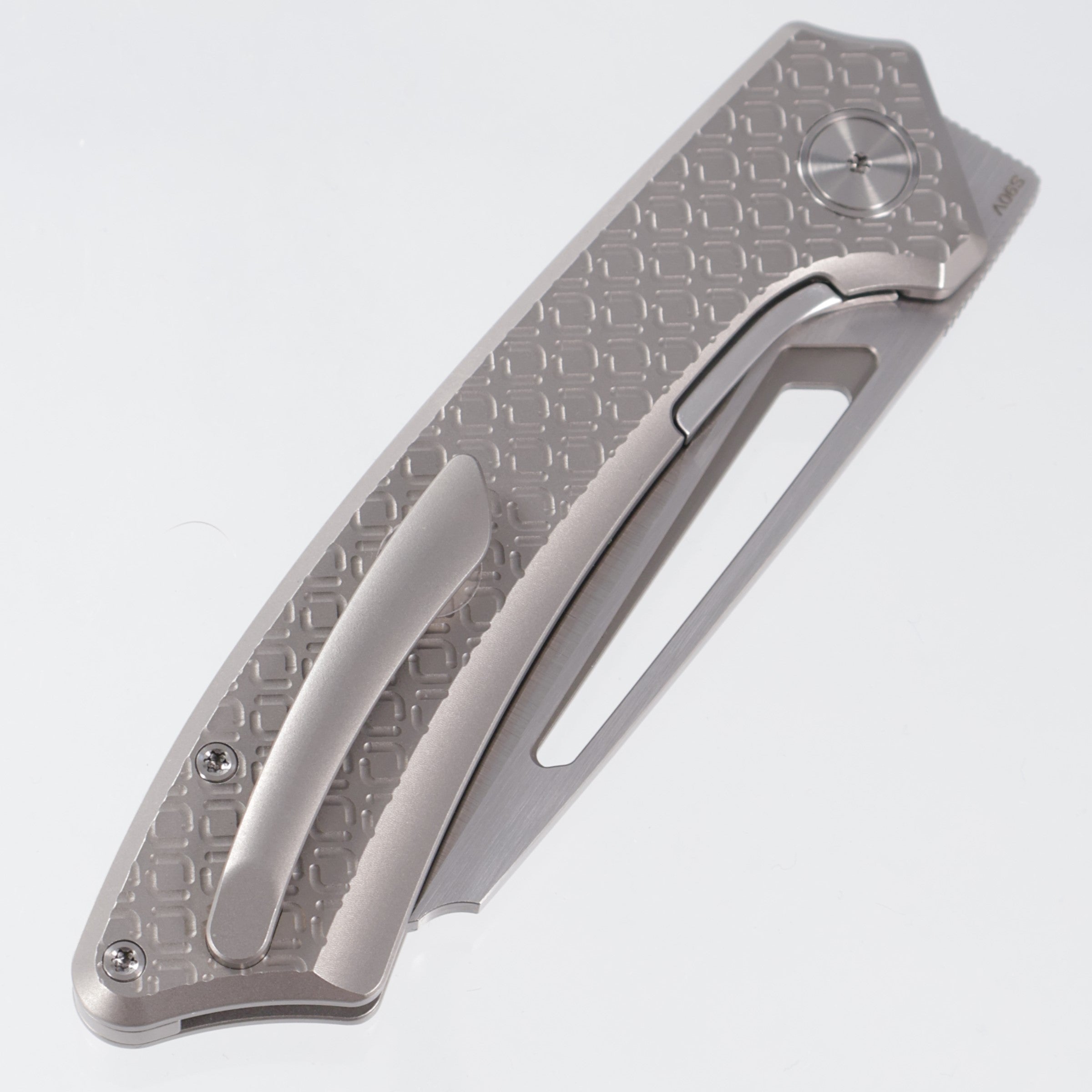 Gecko Cuztomz Knifeworks Pictus XL Inset Liner Lock - Stonewash Diamong Frag Milling - Belt Satin S90V
