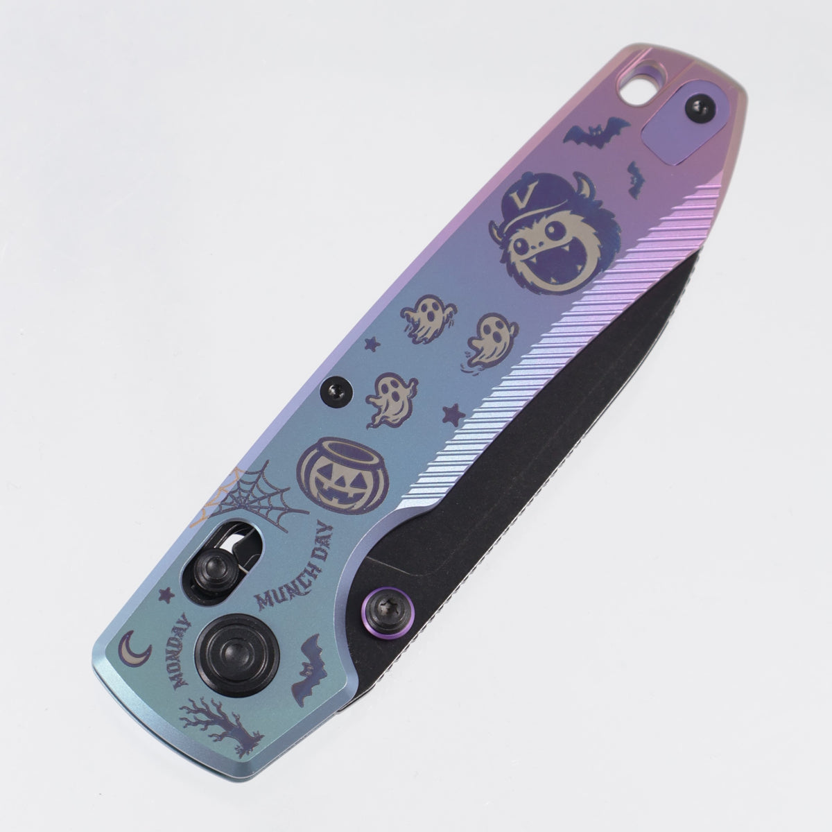 Vosteed Halloween Raccoon TiSlim - Teal & Purple Fade Anodized Monster & Jar Titanium - Black Stonewash 154CM - A4516