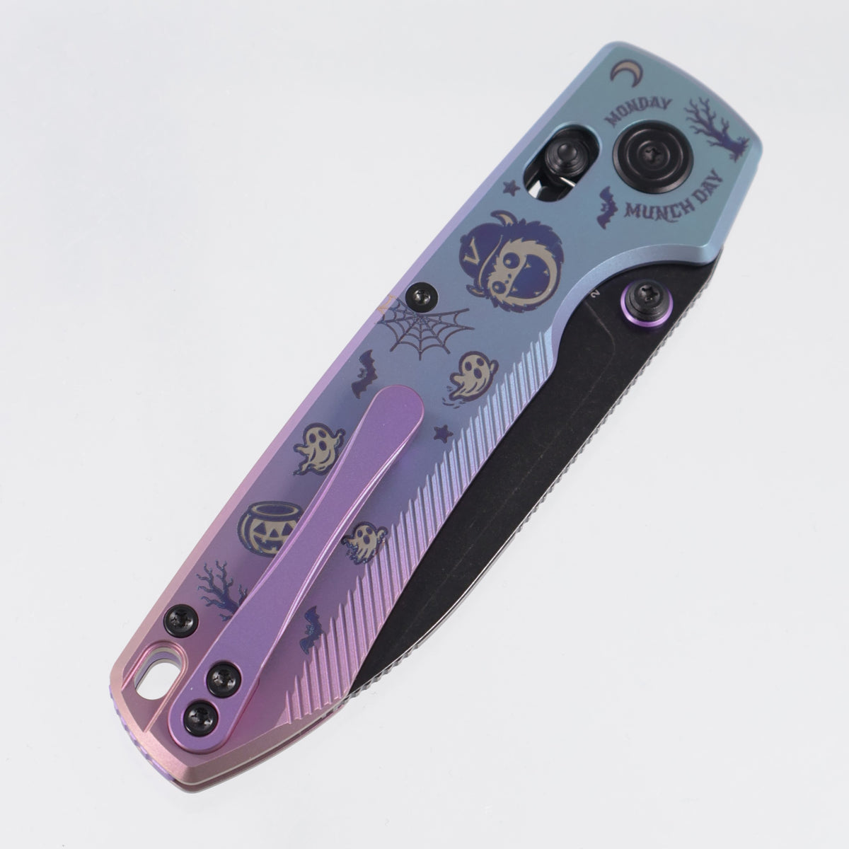 Vosteed Halloween Raccoon TiSlim - Teal & Purple Fade Anodized Monster & Jar Titanium - Black Stonewash 154CM - A4516