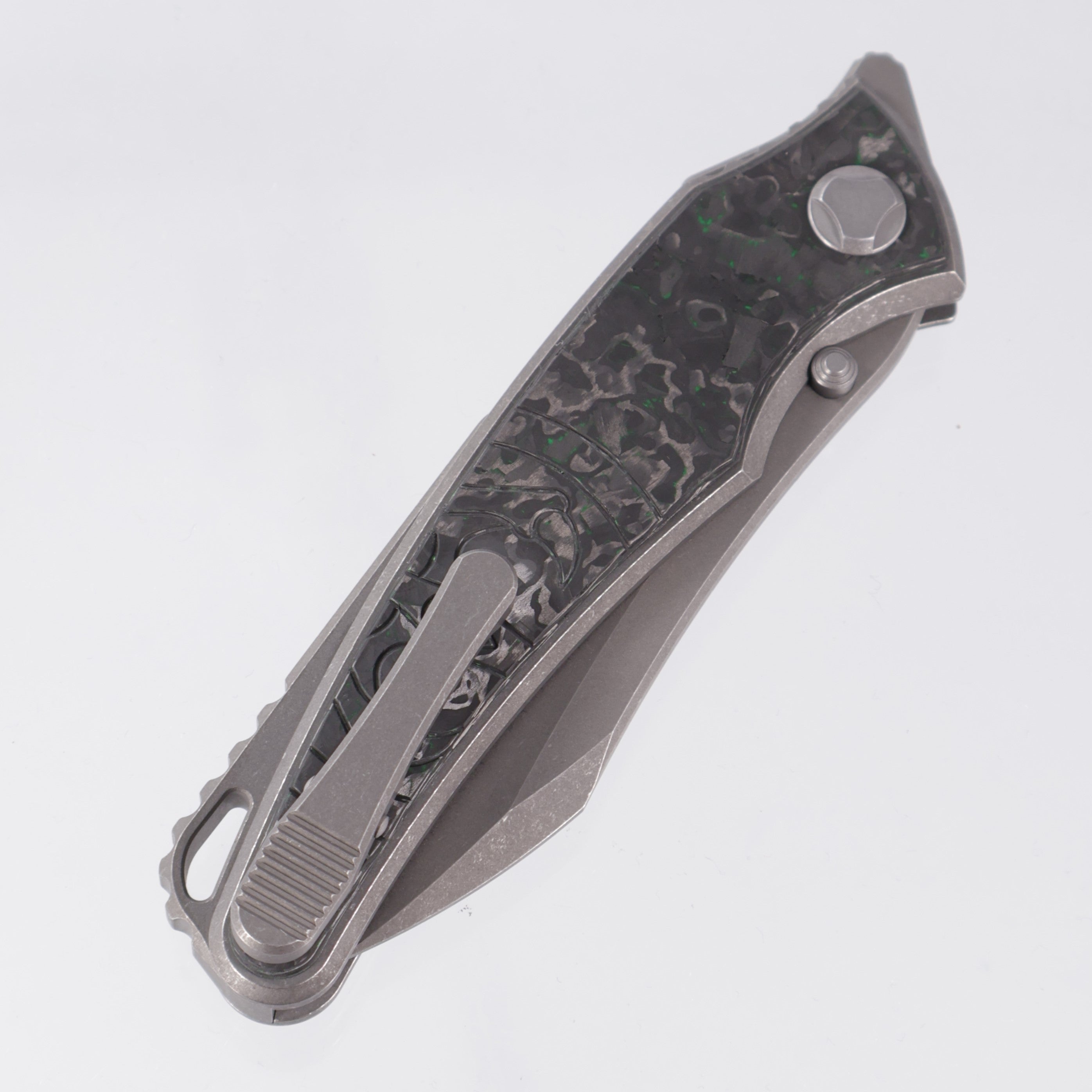 Hawk Knives Talon - Tumbled Titanium w/ Green TechnoCarbo - Tumbled M390