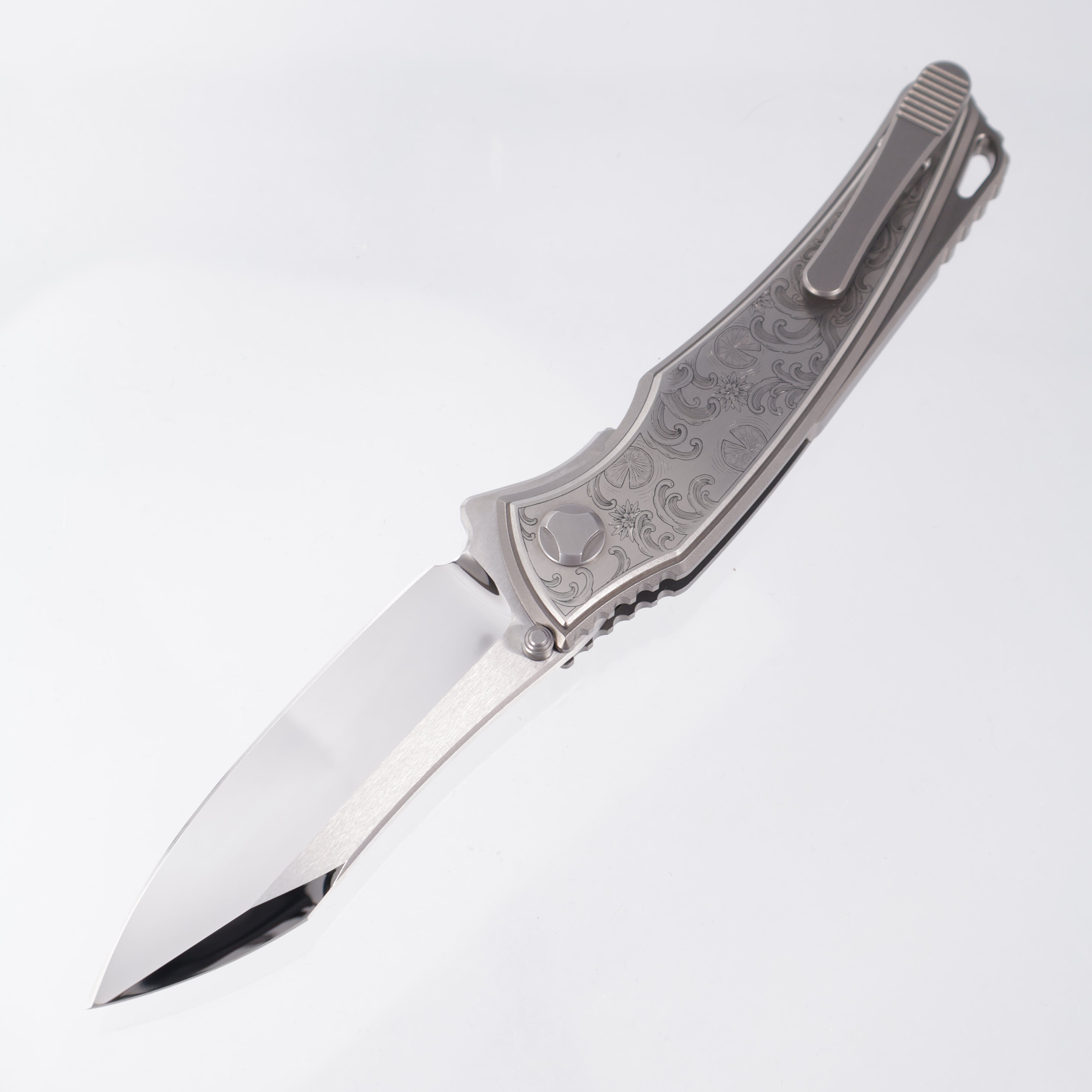 Hawk Knives Talon - Titanium Chassis - Titanium Scales w/ Koi Fish Hand Engraving by Dustin Kegley - TJ Marfione Mirror Polish Blade