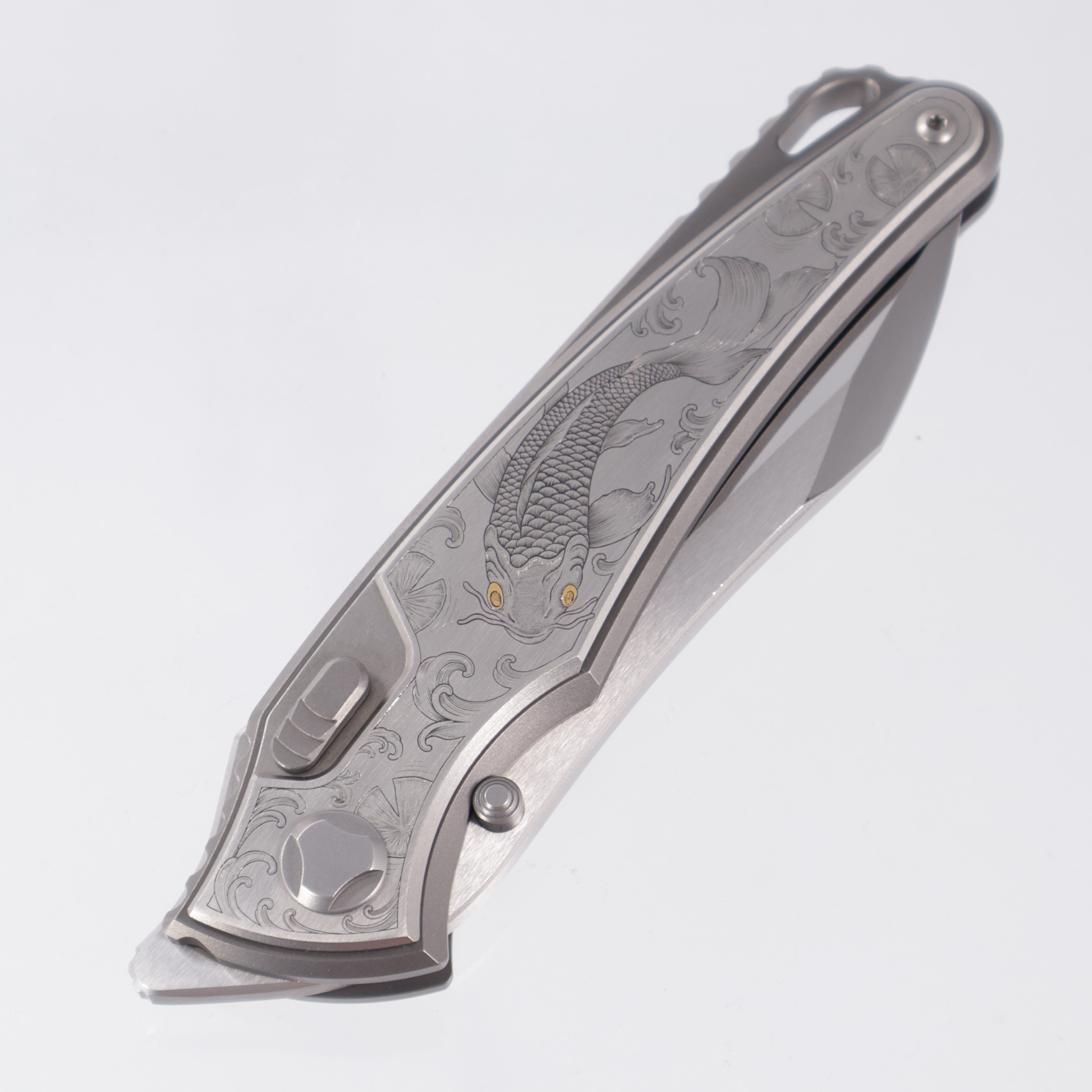 Hawk Knives Talon - Titanium Chassis - Titanium Scales w/ Koi Fish Hand Engraving by Dustin Kegley - TJ Marfione Mirror Polish Blade