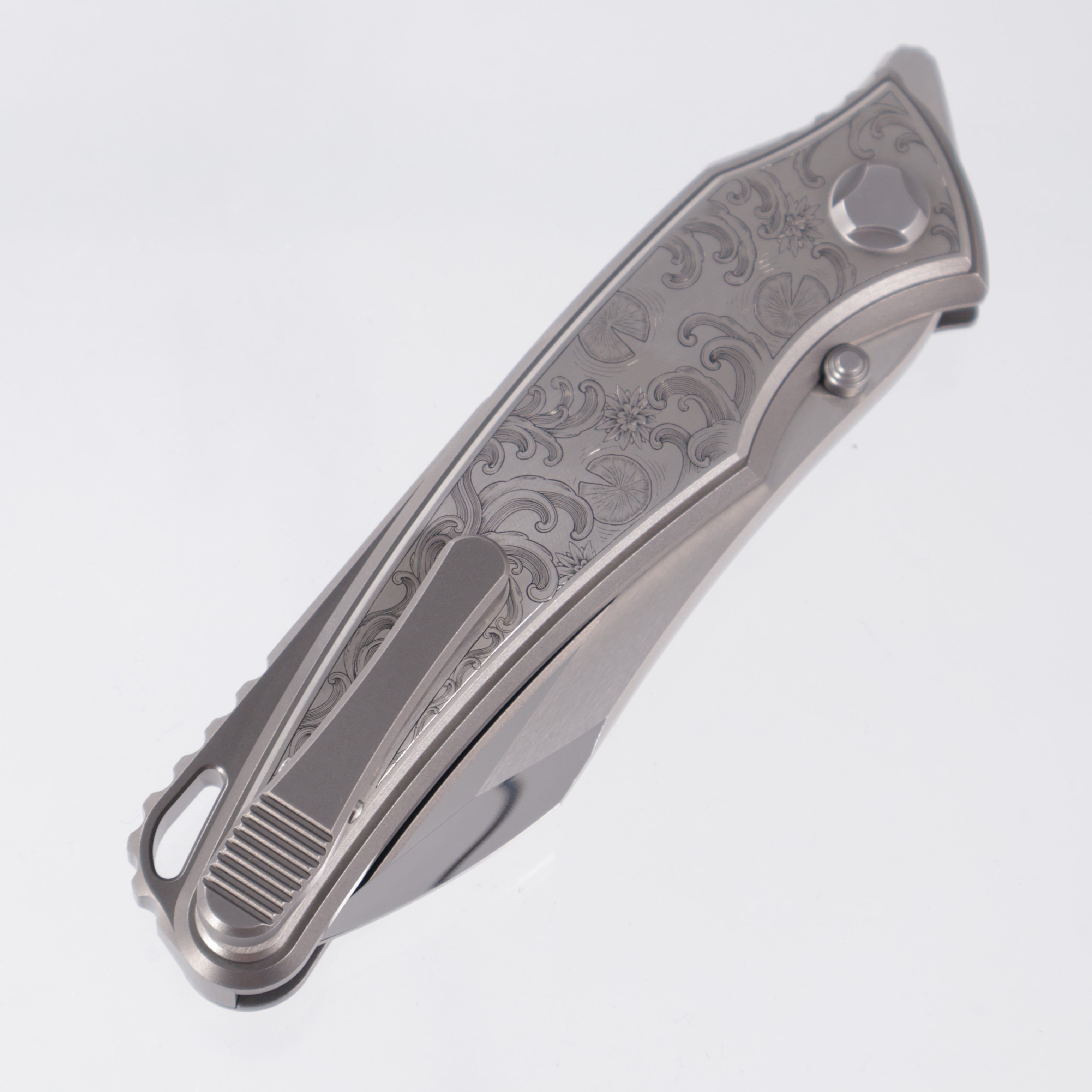 Hawk Knives Talon - Titanium Chassis - Titanium Scales w/ Koi Fish Hand Engraving by Dustin Kegley - TJ Marfione Mirror Polish Blade