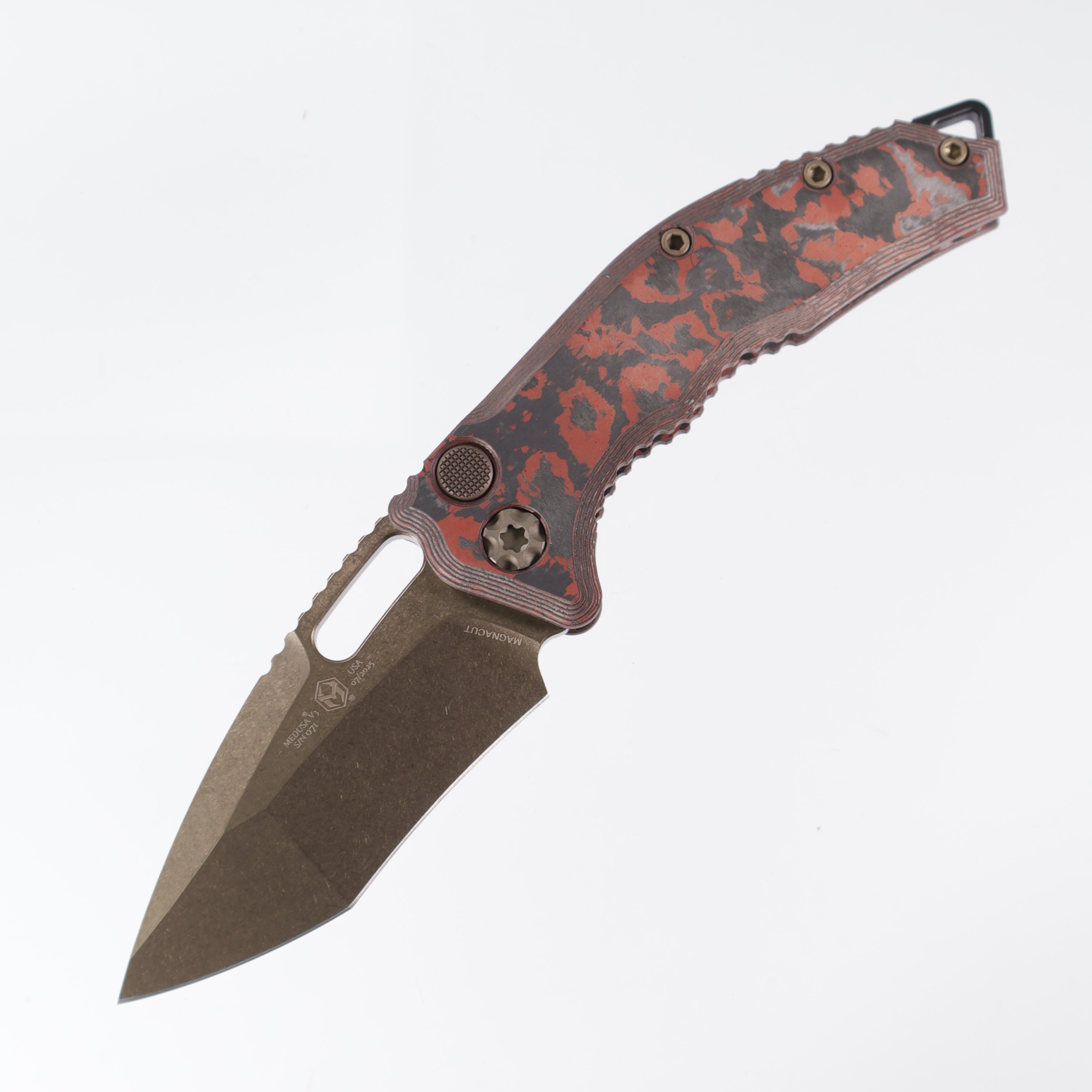 Heretic Medusa Auto - Blood Red Camo Carbon - Bronze Recurve Magnacut & Bronze Hardware - H012-7A-RD/CC
