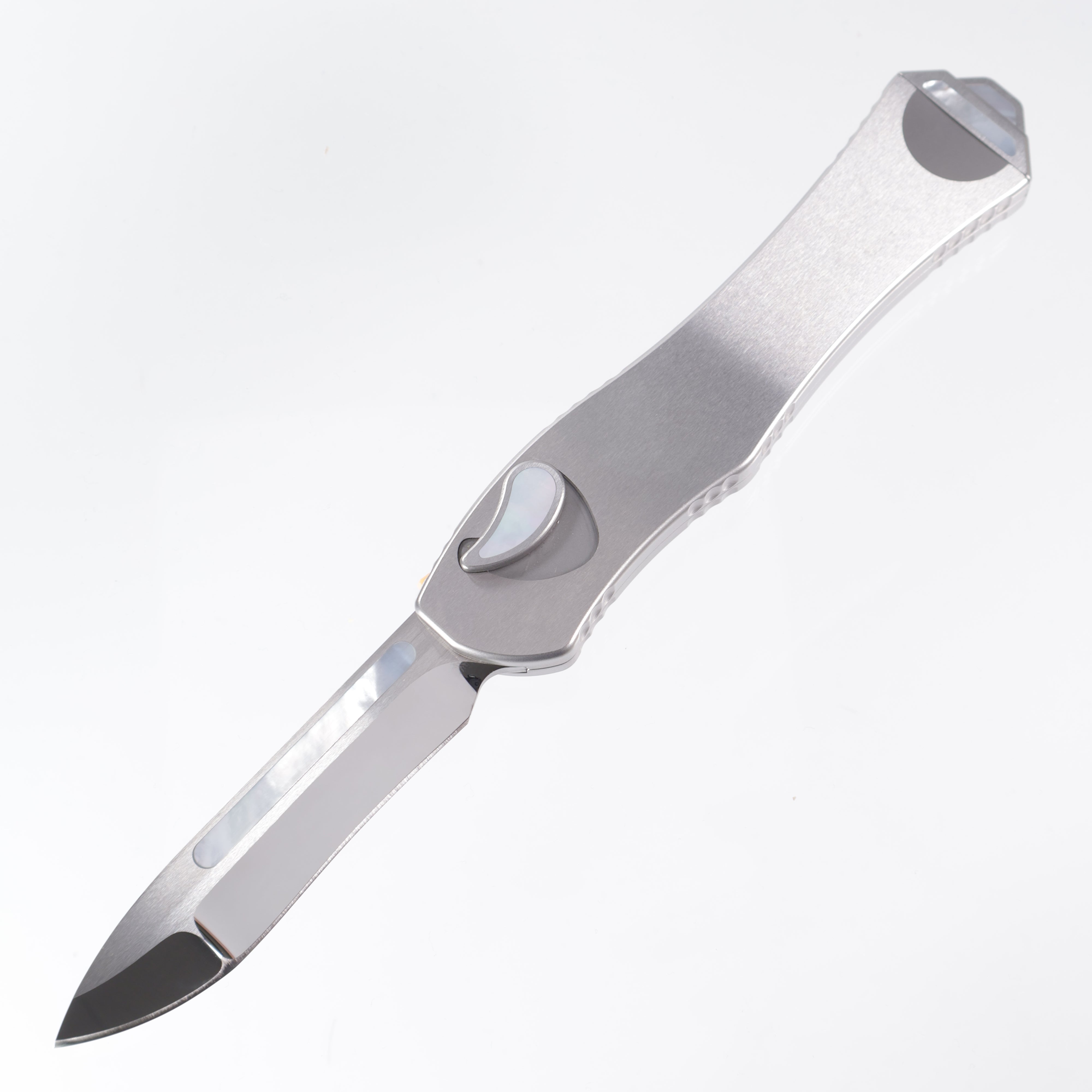 Heretic Hydra V4 Custom - Mirror Polish Compound Grind Recurve - Stainless Steel Chassis w/ Mother of Pearl inlaid Button Cover, Button, Charging Handle & Plate S/N: 006