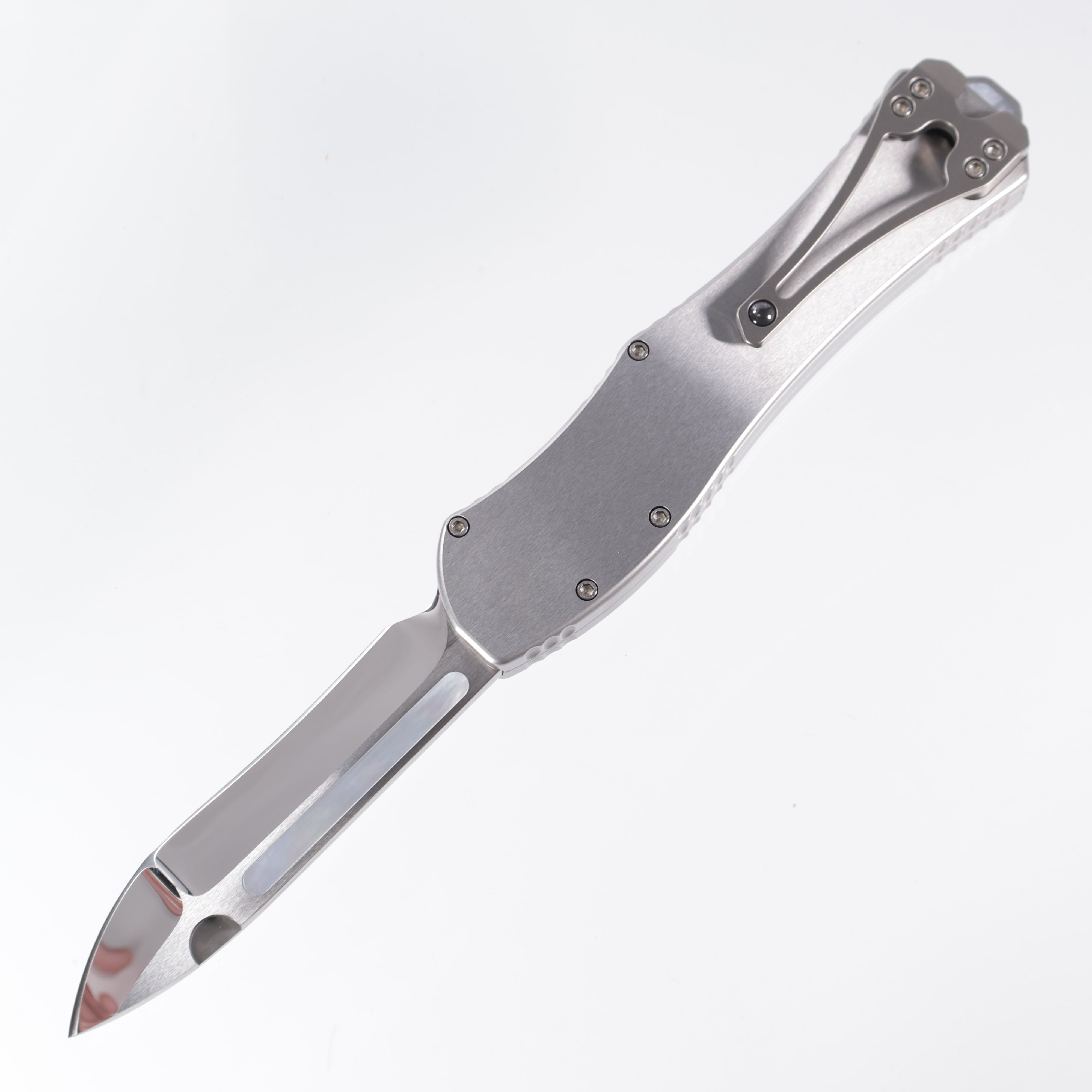 Heretic Hydra V4 Custom - Mirror Polish Compound Grind Recurve - Stainless Steel Chassis w/ Mother of Pearl inlaid Button Cover, Button, Charging Handle & Plate S/N: 006