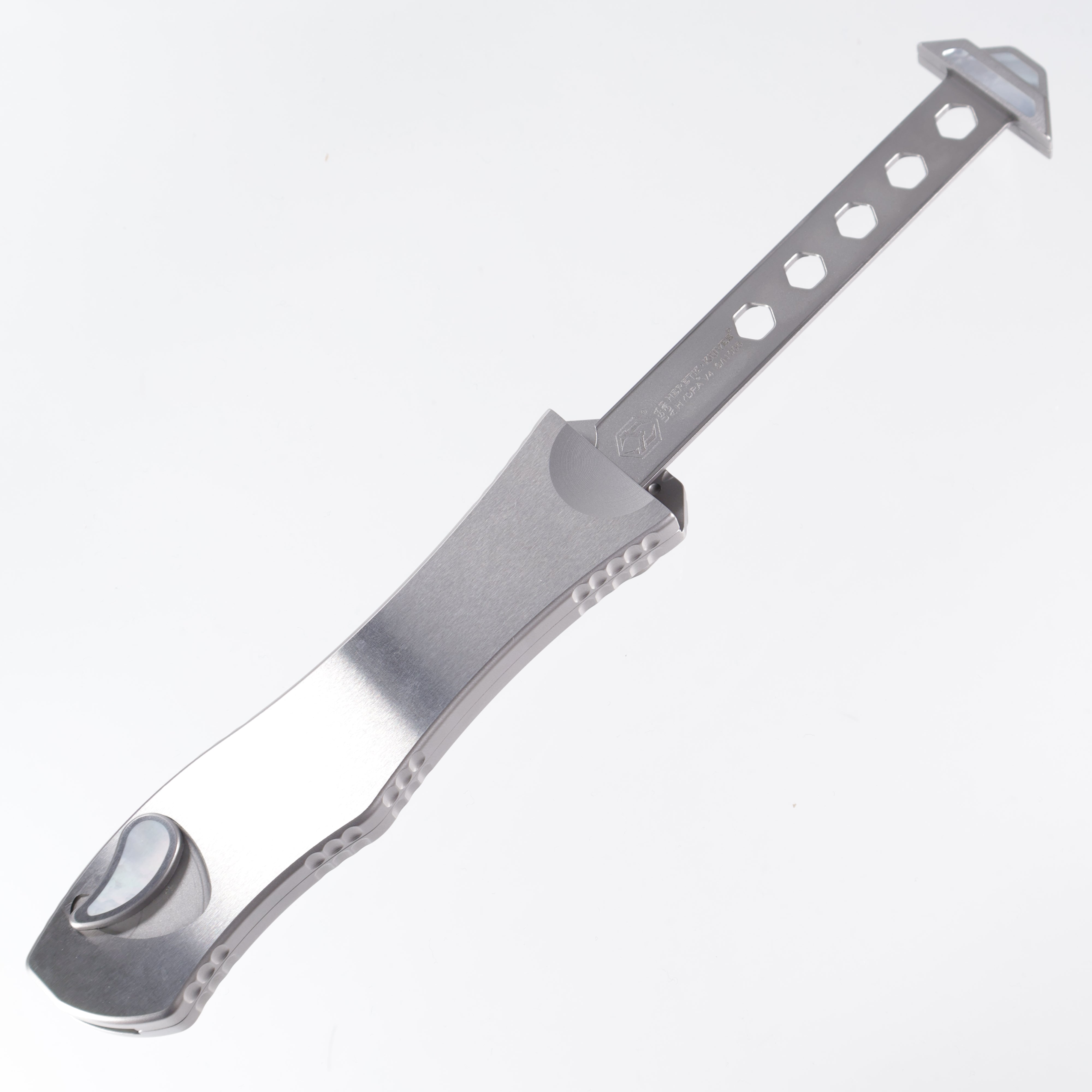 Heretic Hydra V4 Custom - Mirror Polish Compound Grind Recurve - Stainless Steel Chassis w/ Mother of Pearl inlaid Button Cover, Button, Charging Handle & Plate S/N: 006