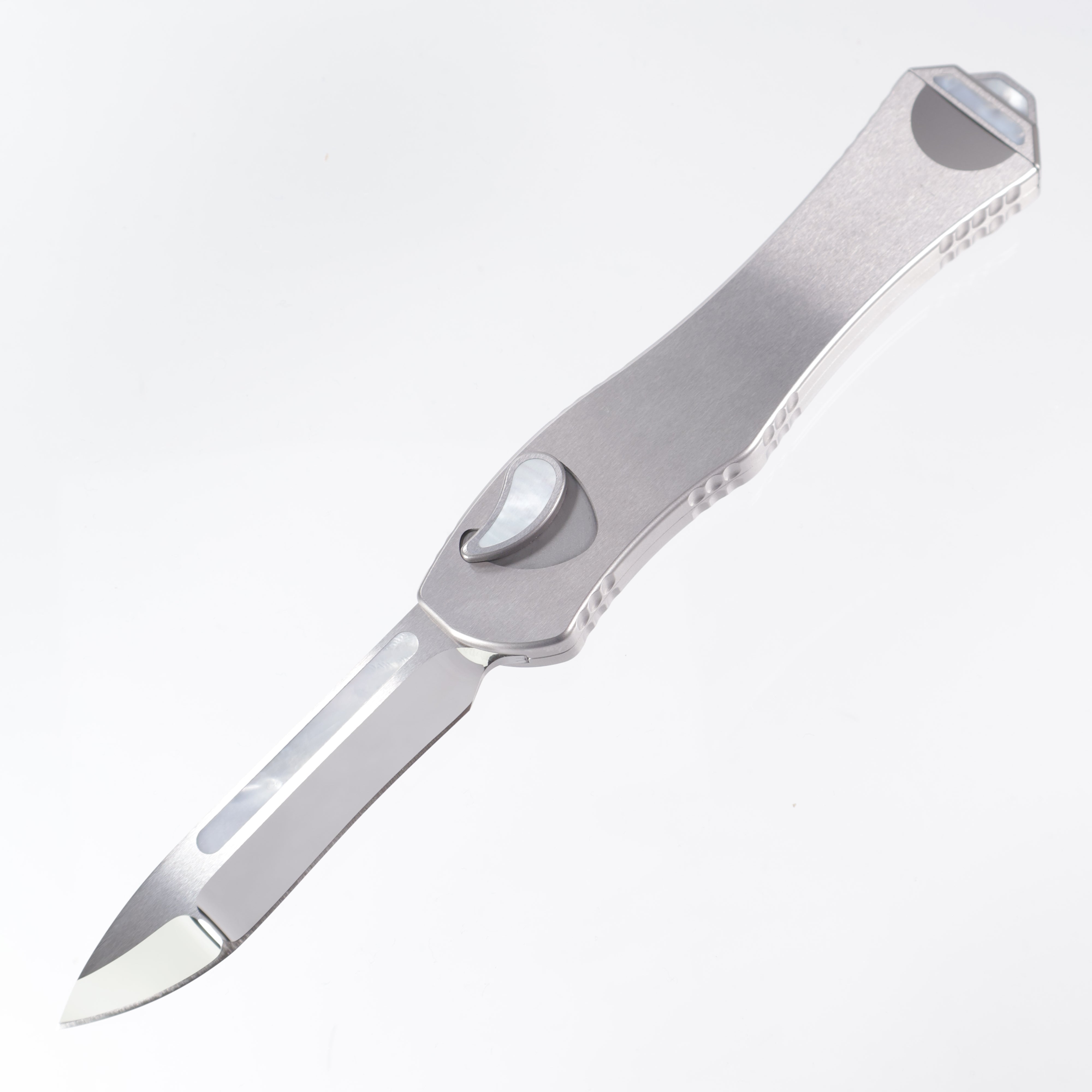 Heretic Hydra V4 Custom - Mirror Polish Compound Grind Recurve - Stainless Steel Chassis w/ Mother of Pearl inlaid Button Cover, Button, Charging Handle & Plate S/N: 017