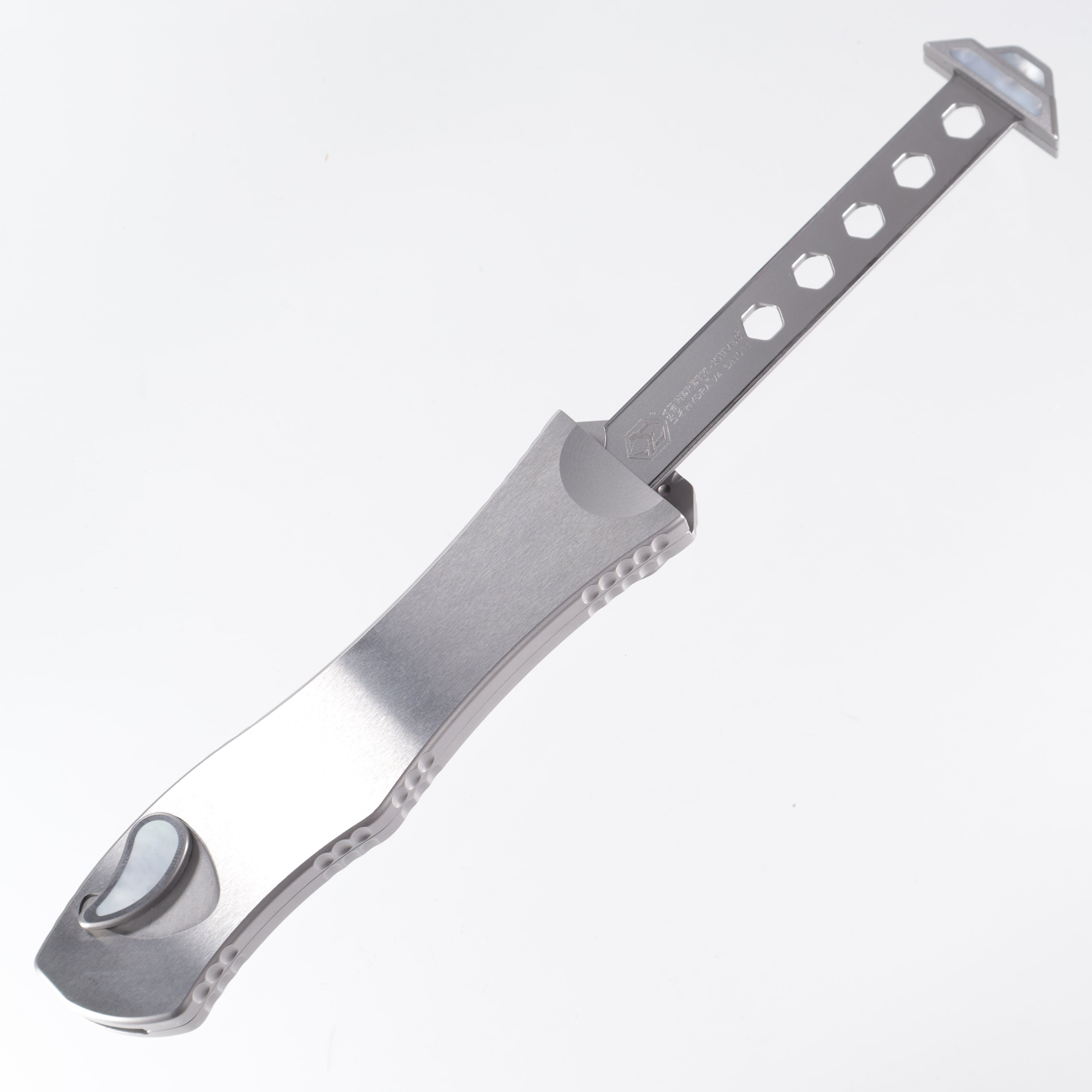 Heretic Hydra V4 Custom - Mirror Polish Compound Grind Recurve - Stainless Steel Chassis w/ Mother of Pearl inlaid Button Cover, Button, Charging Handle & Plate S/N: 017