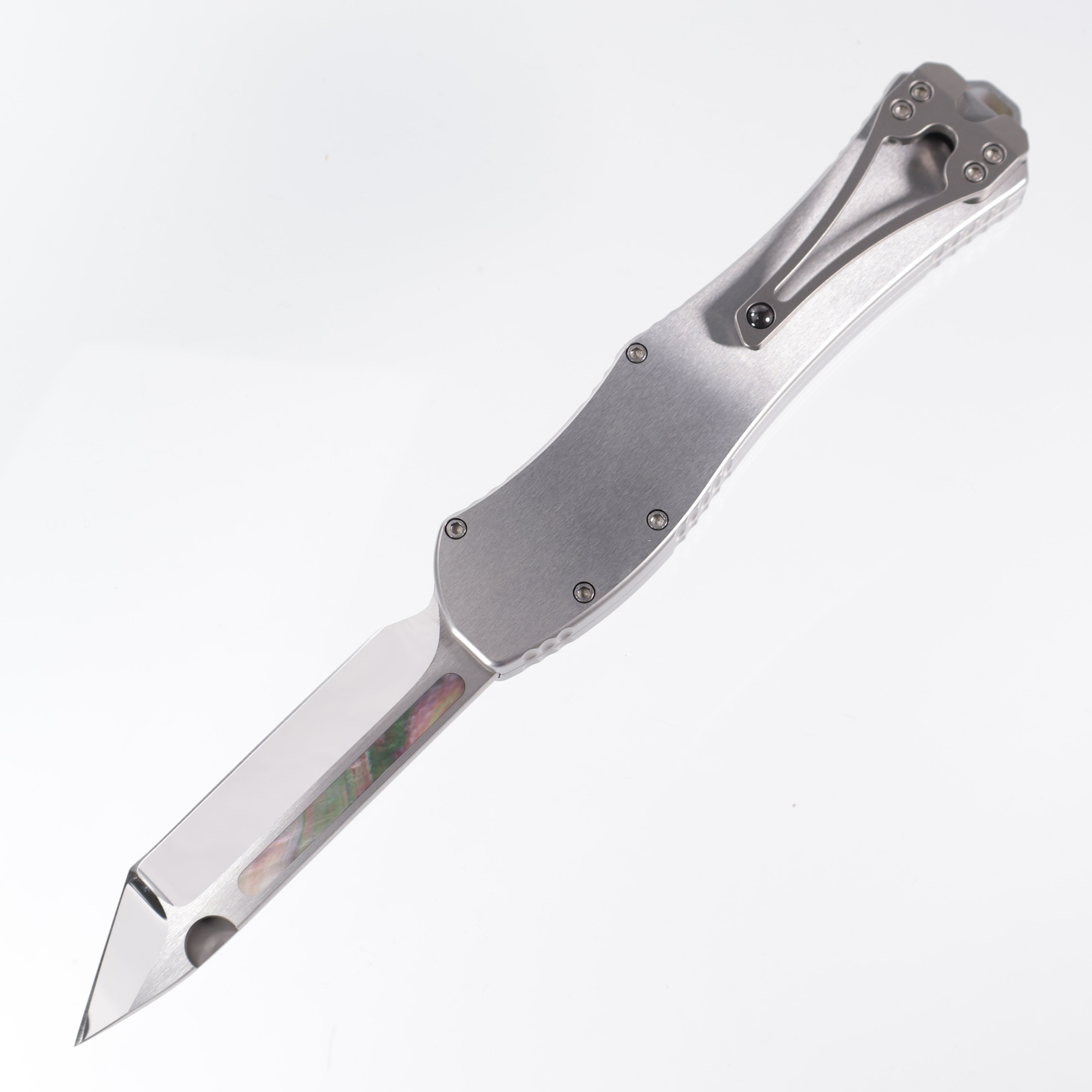 Heretic Hydra V4 Custom - Mirror Polish Compound Grind Tanto - Stainless Steel Chassis w/ Black Pearl inlaid Button Cover, Button, Charging Handle & Plate S/N: 011