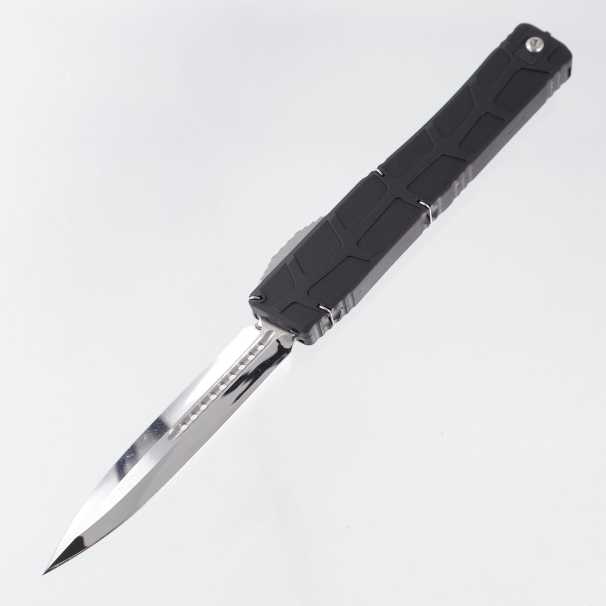 Heretic Nyx V2 Double Edge Prototype - Black Skeletal Aluminum w/ Flamed Titanium Clip - Cracked Ice M390