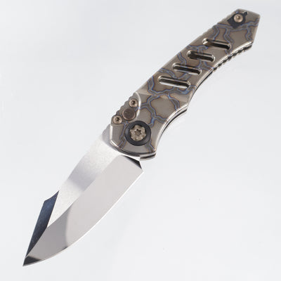Heretic Pariah-S Auto Prototype Single Edge - Flamed Skeletal Titanium Chassis w/ Sculpted DLC Clip - Cracked Ice M390 - S/N: 002