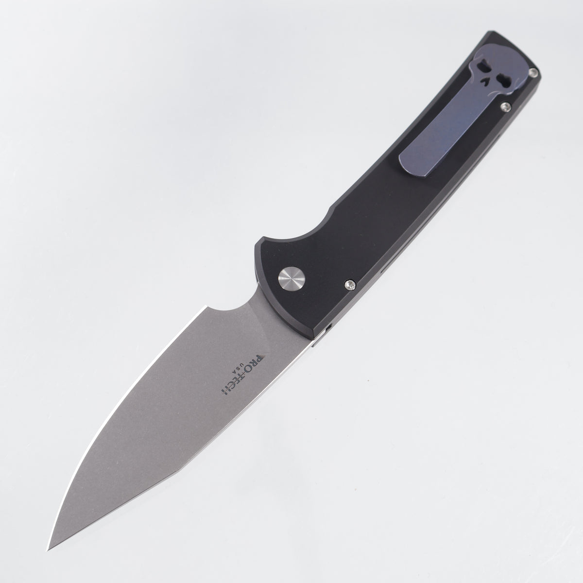 Chaves Scapegoat Full Size Auto - Black Aluminum w/ Black Lip Pearl Button & Blue Titanium Skull Clip - Stonewash Magnacut - BSW26.RCS2101-LTD