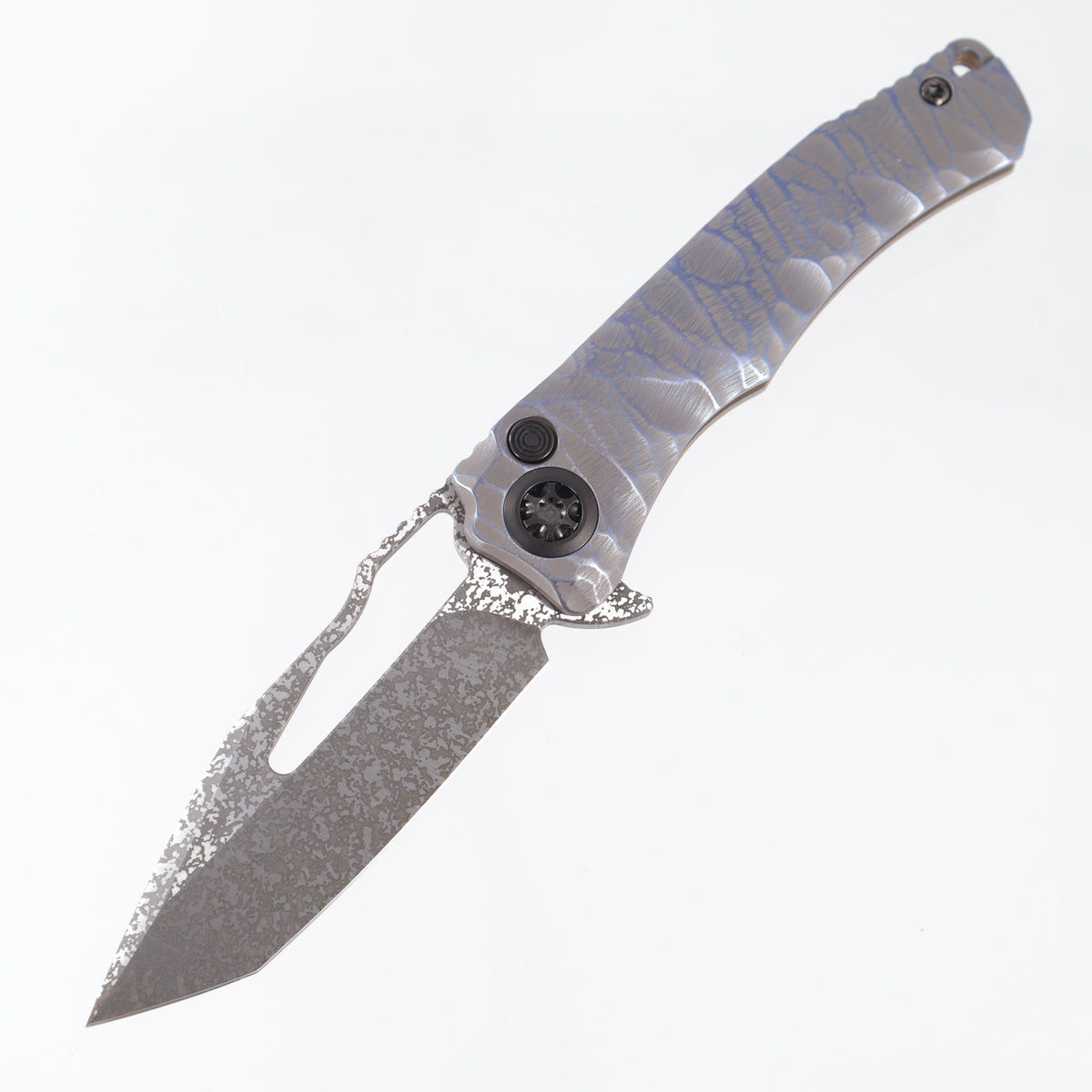 Heretic x John Gray Wraith V4 Manual Custom Tanto - Blue Anodized Rocked Titanium w/ Barked Ti Clip - Dark Rain Magnacut - S/N: 016
