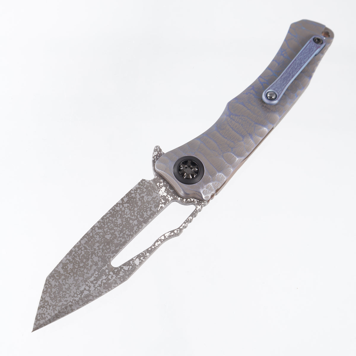 Heretic x John Gray Wraith V4 Manual Custom Tanto - Blue Anodized Rocked Titanium w/ Barked Ti Clip - Dark Rain Magnacut - S/N: 016