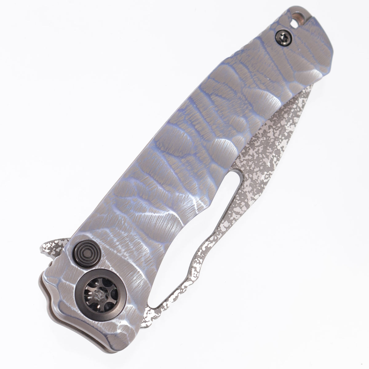 Heretic x John Gray Wraith V4 Manual Custom Tanto - Blue Anodized Rocked Titanium w/ Barked Ti Clip - Dark Rain Magnacut - S/N: 016