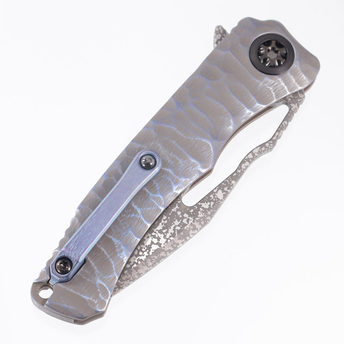 Heretic x John Gray Wraith V4 Manual Custom Tanto - Blue Anodized Rocked Titanium w/ Barked Ti Clip - Dark Rain Magnacut - S/N: 016