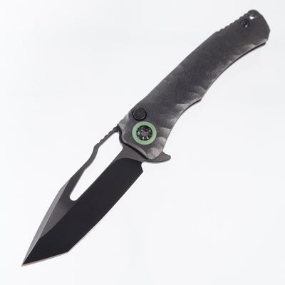 Heretic x John Gray Wraith V4 Manual Custom Tanto - DLC Rocked Titanium w/ Barked Ti Clip & Green Ano Ti Pivot Collars - DLC Magnacut