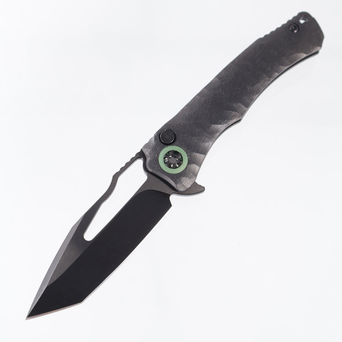 Heretic x John Gray Wraith V4 Manual Custom Tanto - DLC Rocked Titanium w/ Barked Ti Clip & Green Ano Ti Pivot Collars - DLC Magnacut