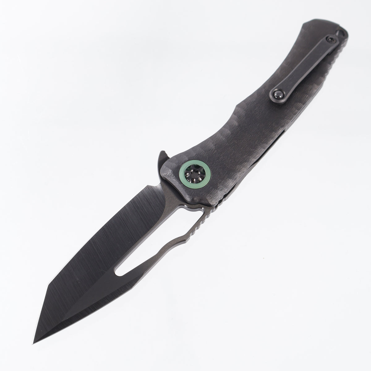Heretic x John Gray Wraith V4 Manual Custom Tanto - DLC Rocked Titanium w/ Barked Ti Clip & Green Ano Ti Pivot Collars - DLC Magnacut