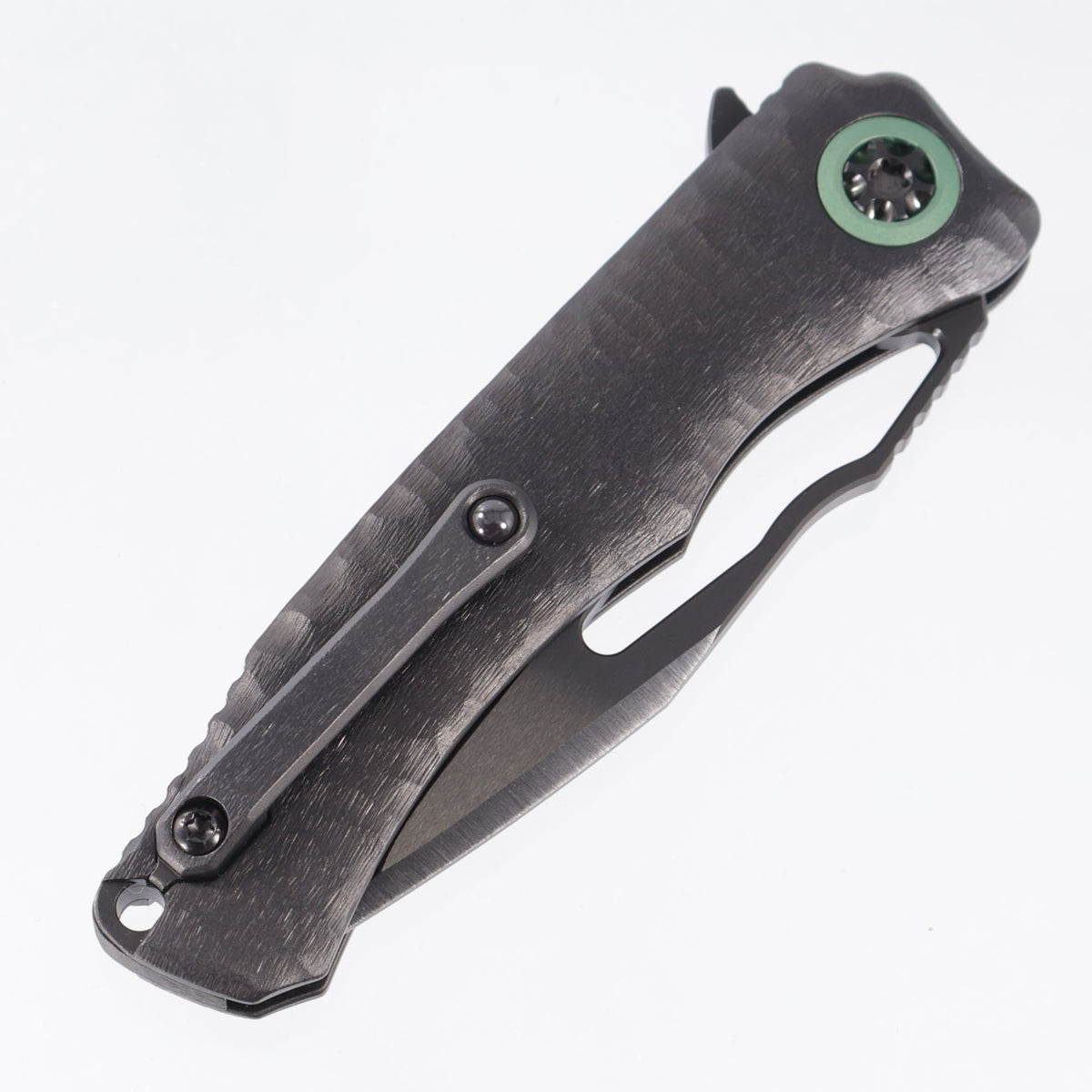 Heretic x John Gray Wraith V4 Manual Custom Tanto - DLC Rocked Titanium w/ Barked Ti Clip & Green Ano Ti Pivot Collars - DLC Magnacut