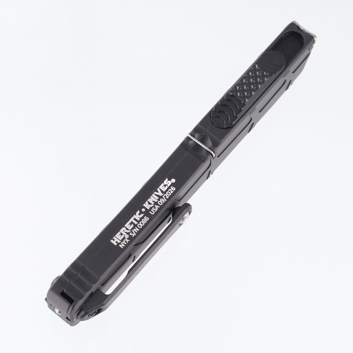 Heretic Nyx V2 Tanto Proof Run - Black Skeletal Aluminum - Black Tactical M390 - H015-10A-T