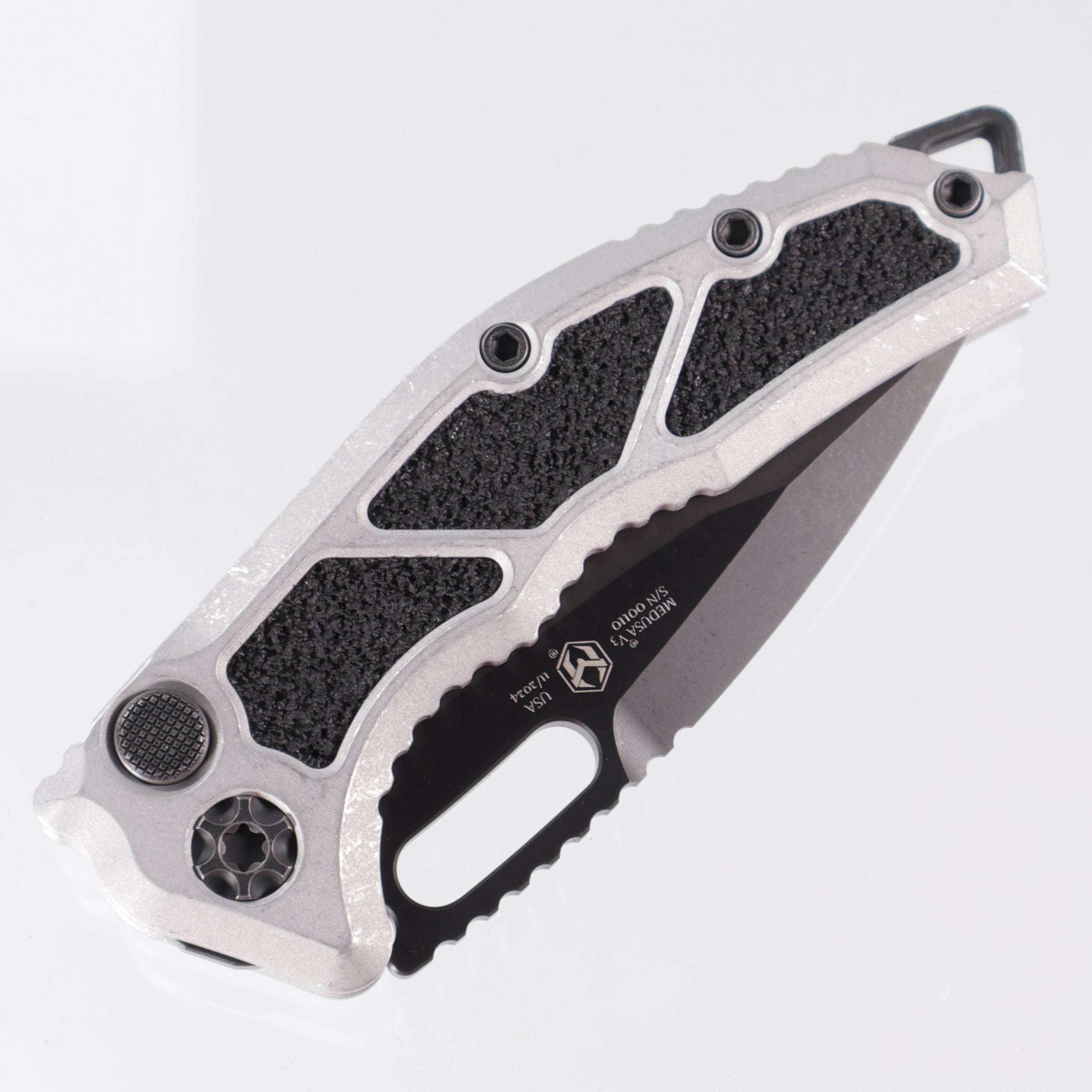 Heretic Medusa Auto - Blizzard Worn Aluminum & Black Traction Inlays - DLC Tanto Magnacut - H011-6A-BLZ