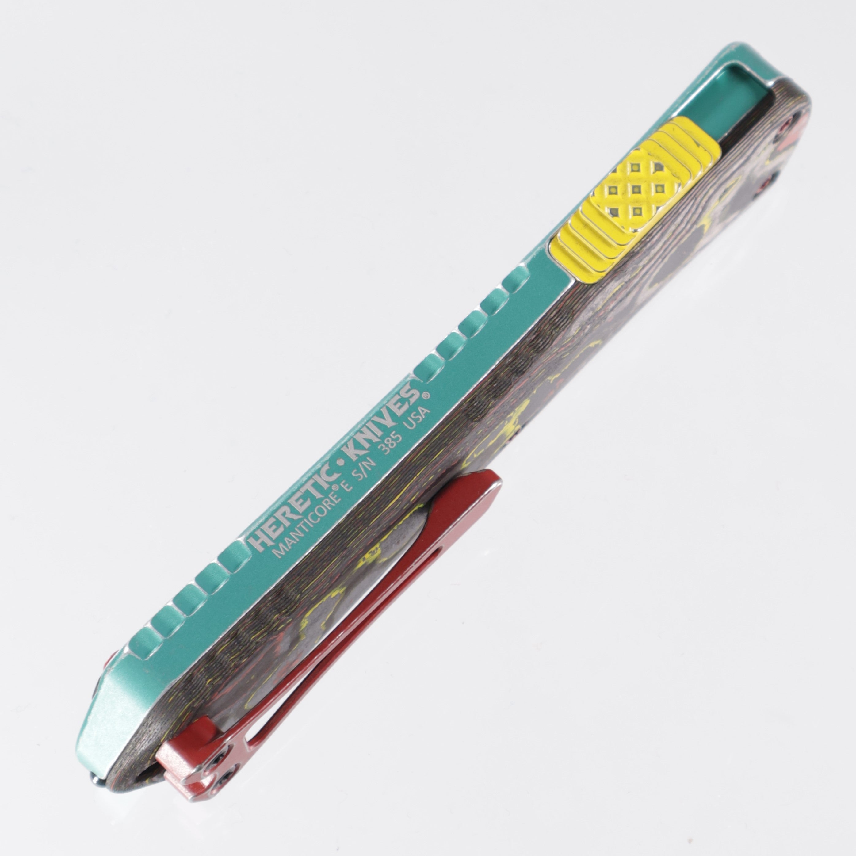 Heretic Manticore E - Bounty Hunter Bowie Full Serrated - CamoCarbon & Distressed Aluminum - Two-Tone Magnacut - H026B-14C-BOUNTY