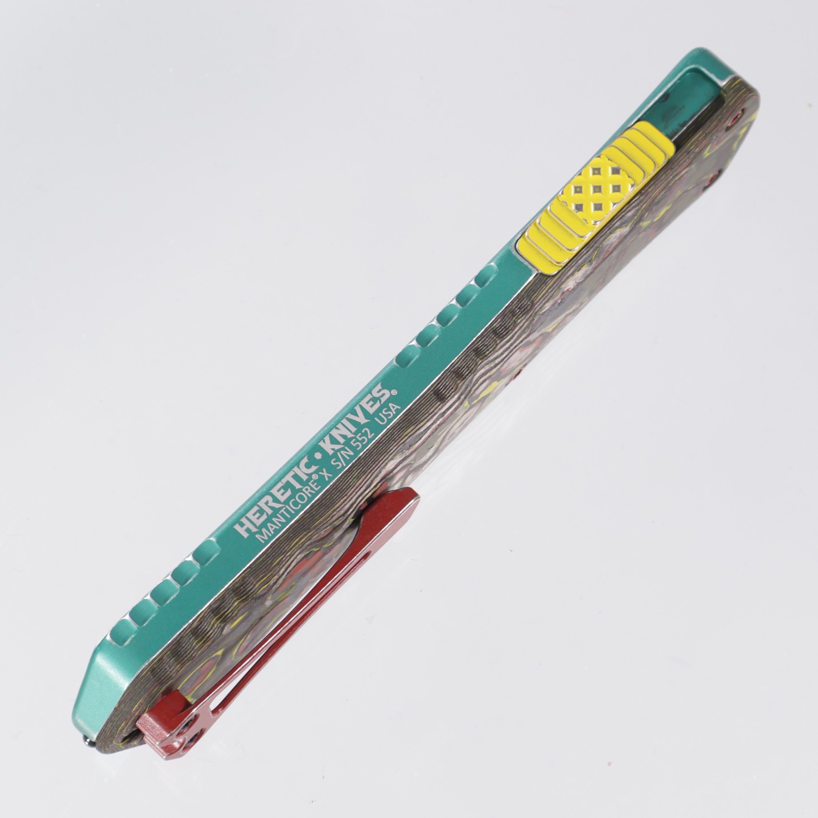 Heretic Manticore X - Bounty Hunter Bowie - Two-Tone Full Serrated Magnacut - CamoCarbon & Distressed Aluminum - H030B-14C-BOUNTY