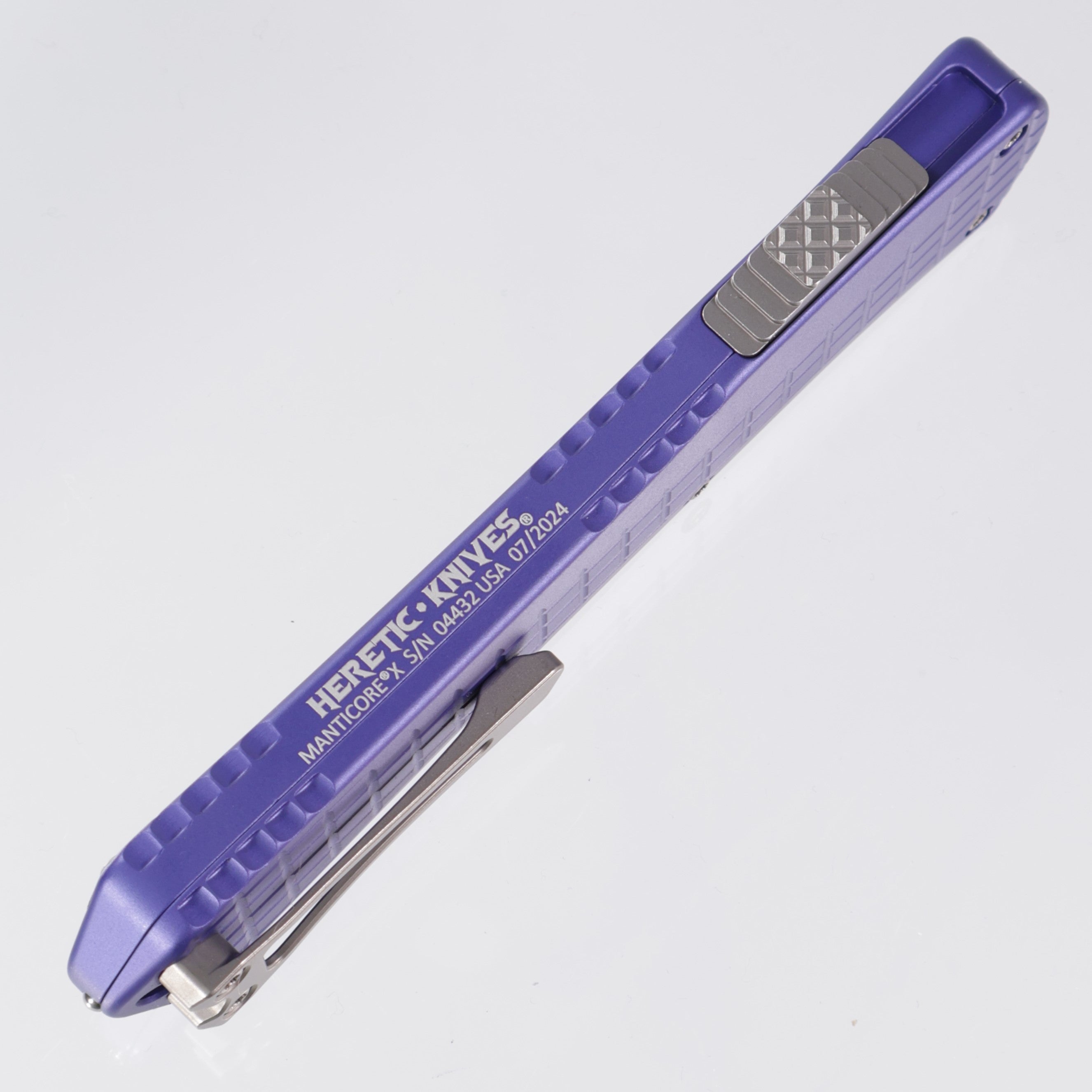 Heretic Manticore X - Purple Frag Aluminum - Tanto Stonewash Magnacut - H031F-2A-PU