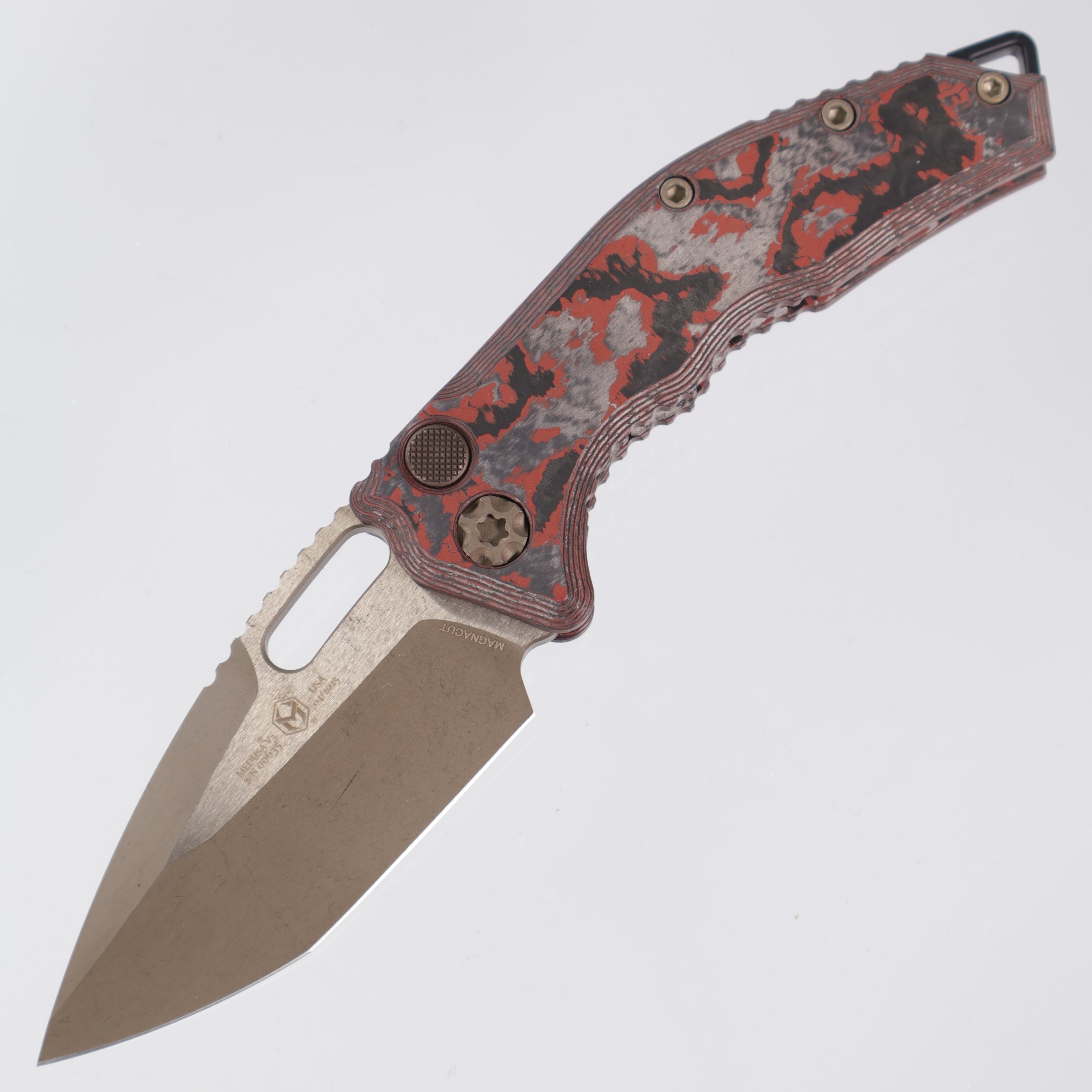 Heretic Medusa Auto - Blood Red Camo Carbon - Bronze Tanto Magnacut & Bronze Hardware - H011-7A-RD/CC