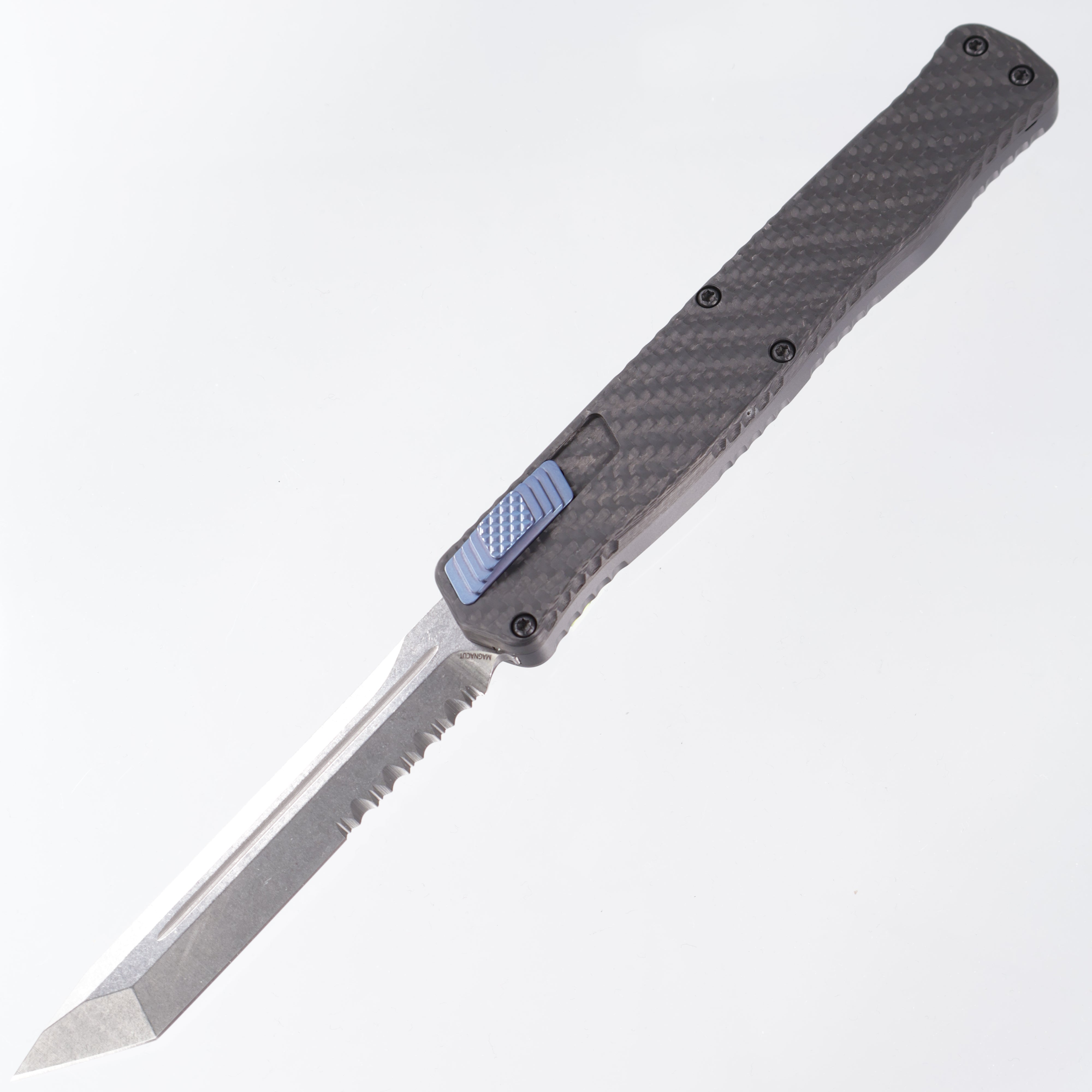 Heretic Cleric 2 - Tanto Stonewashed Part Serrated - Carbon Fiber Top & Inlaid Back - Blue Ti Button & Clip - Cleric II H019-2B-CF/BLU
