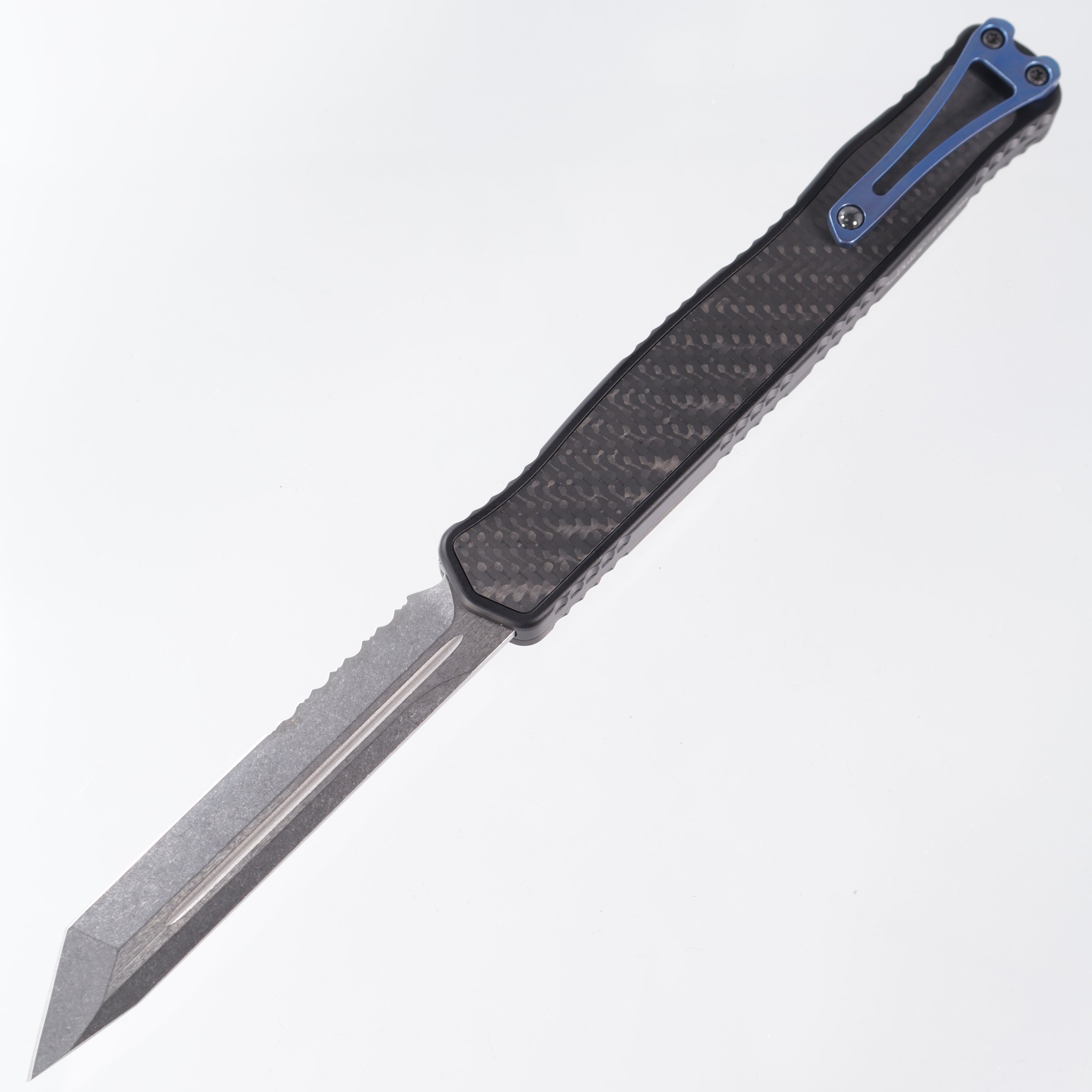 Heretic Cleric 2 - Tanto Stonewashed Part Serrated - Carbon Fiber Top & Inlaid Back - Blue Ti Button & Clip - Cleric II H019-2B-CF/BLU