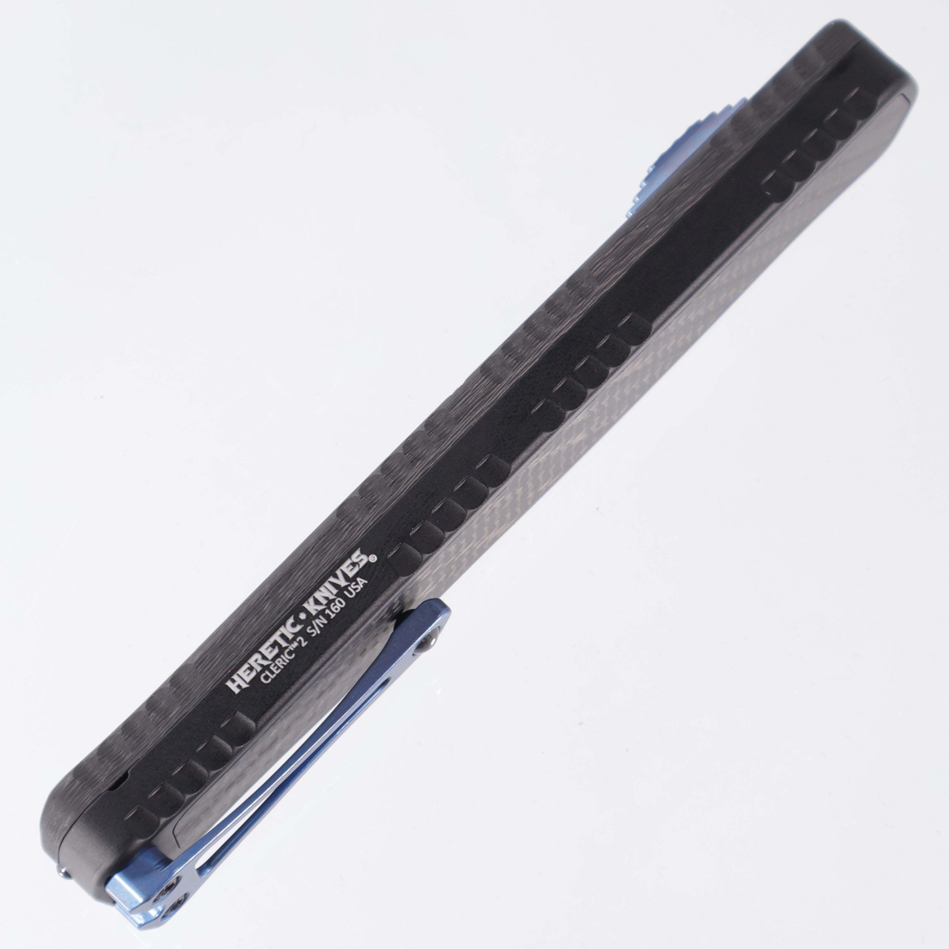 Heretic Cleric 2 - Tanto Stonewashed Part Serrated - Carbon Fiber Top & Inlaid Back - Blue Ti Button & Clip - Cleric II H019-2B-CF/BLU