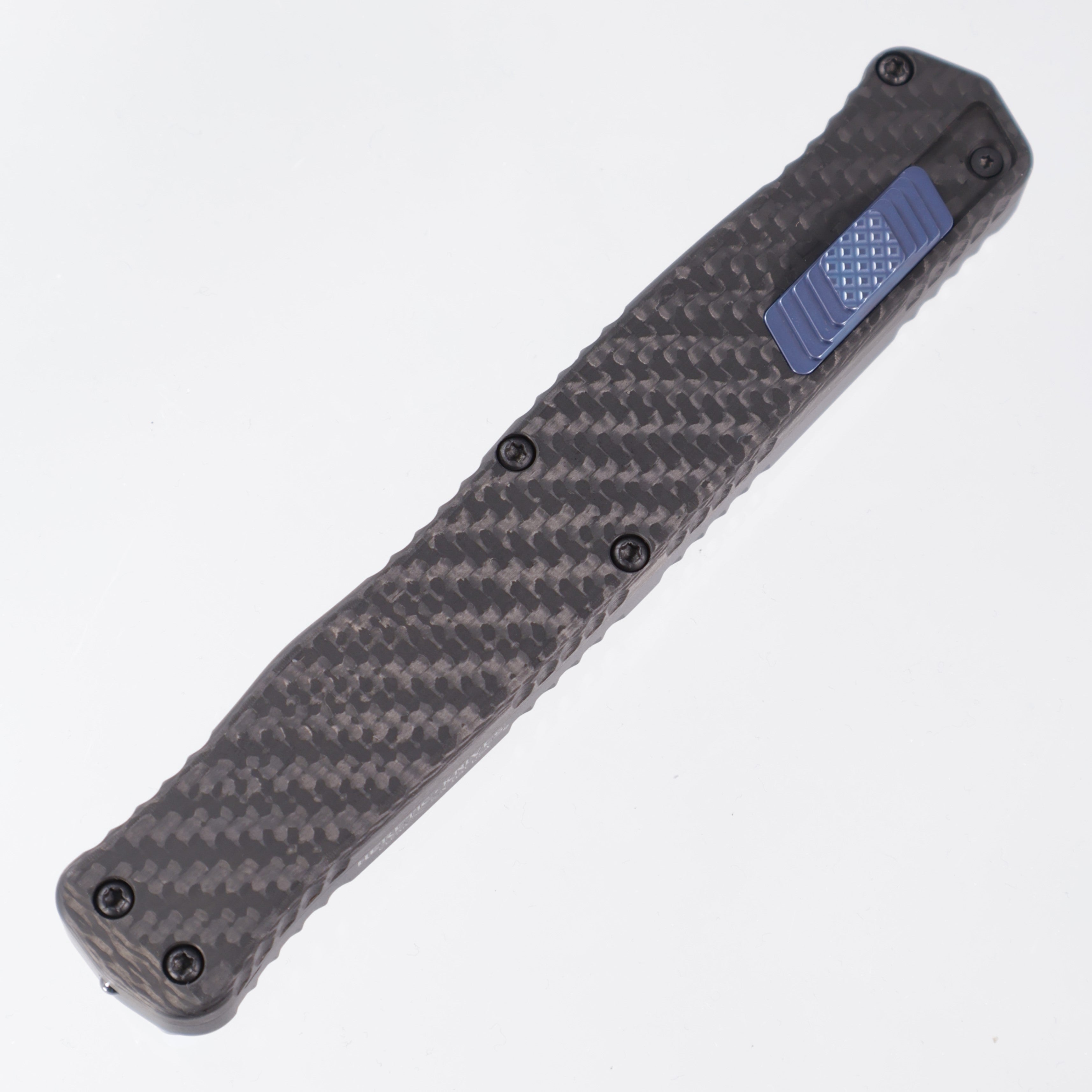Heretic Cleric 2 - Tanto Stonewashed Part Serrated - Carbon Fiber Top & Inlaid Back - Blue Ti Button & Clip - Cleric II H019-2B-CF/BLU
