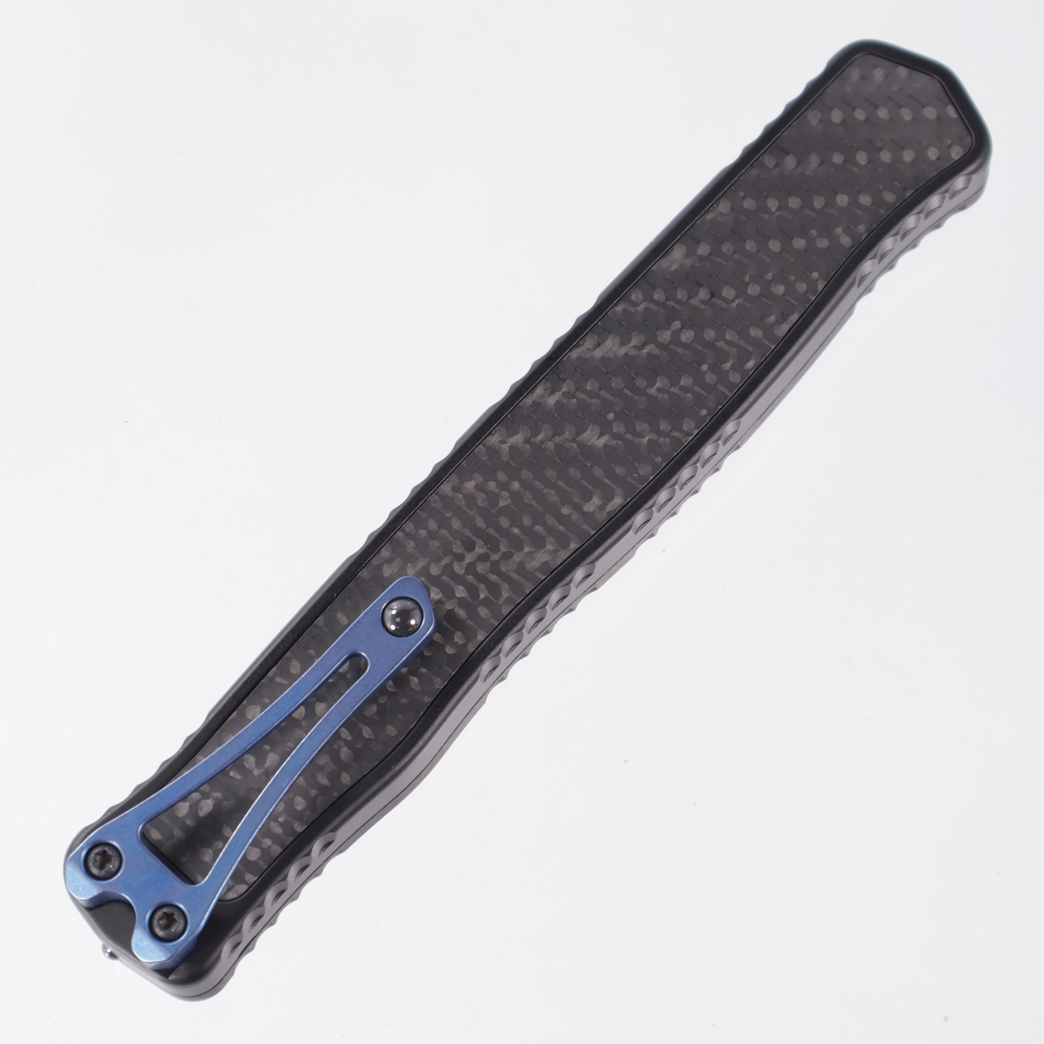 Heretic Cleric 2 - Tanto Stonewashed Part Serrated - Carbon Fiber Top & Inlaid Back - Blue Ti Button & Clip - Cleric II H019-2B-CF/BLU