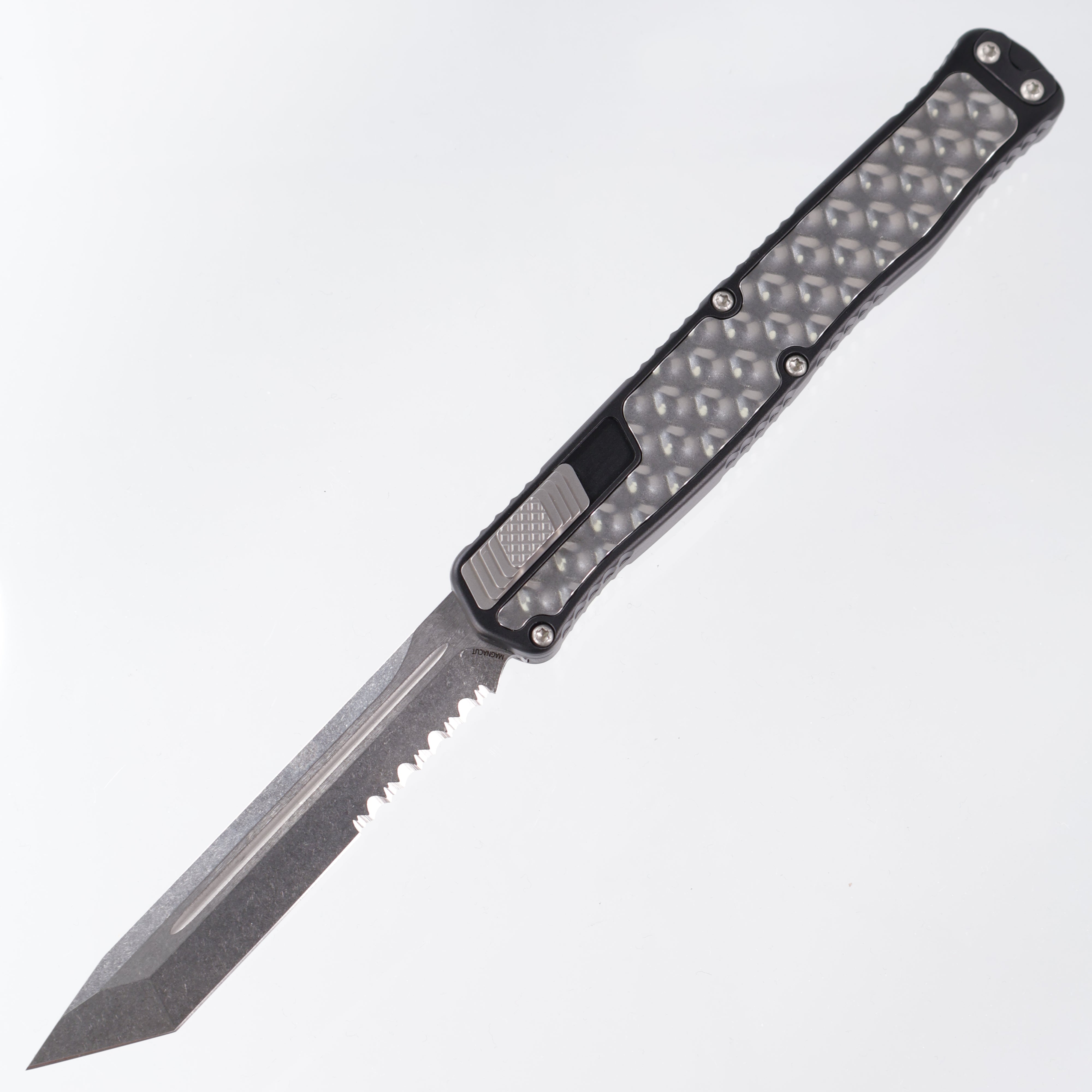 Heretic Cleric 2 - Tanto Partial Serrate Magnacut - Black Aluminum w/ Stainless Steel Inlays - Cleric II H019-2B