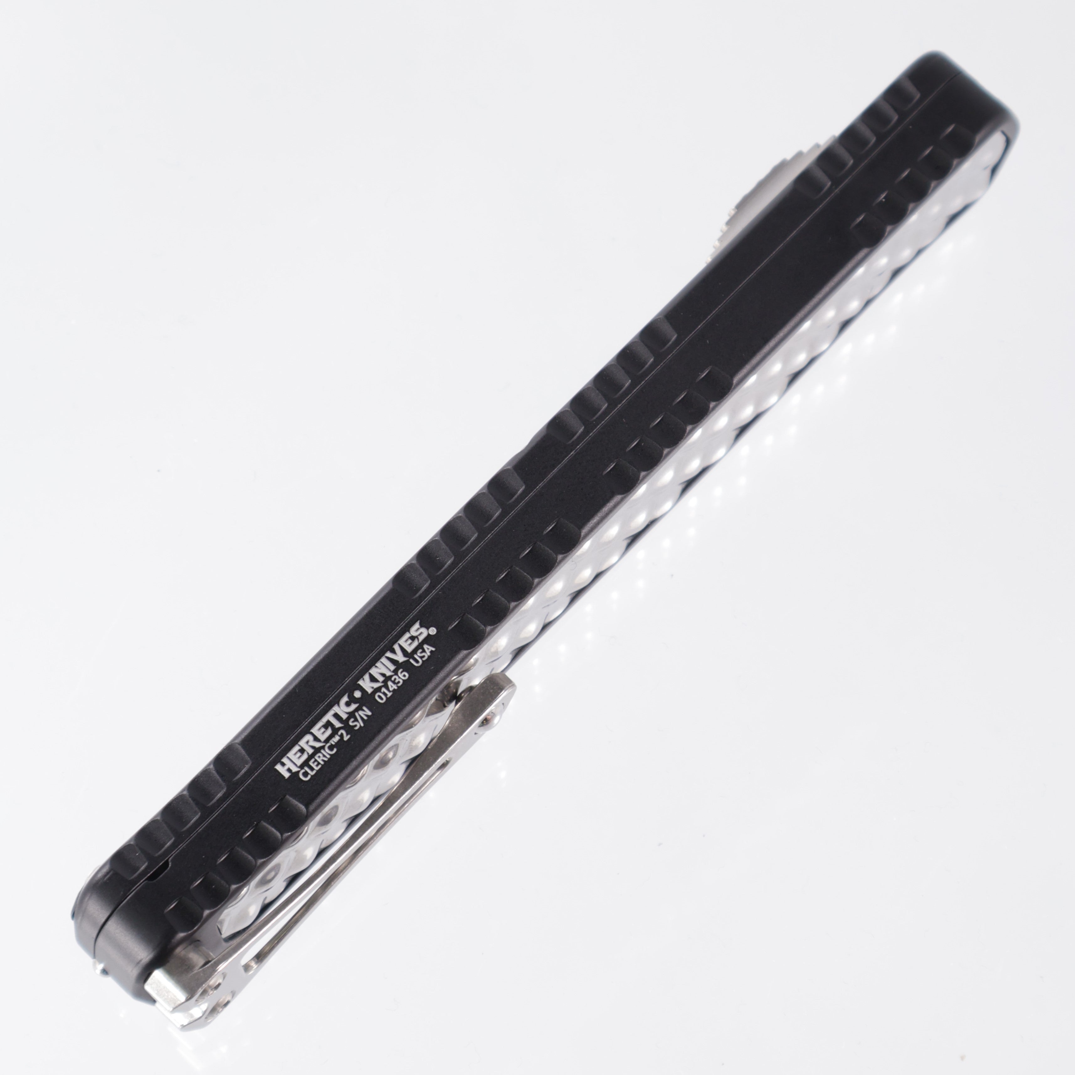 Heretic Cleric 2 - Tanto Partial Serrate Magnacut - Black Aluminum w/ Stainless Steel Inlays - Cleric II H019-2B