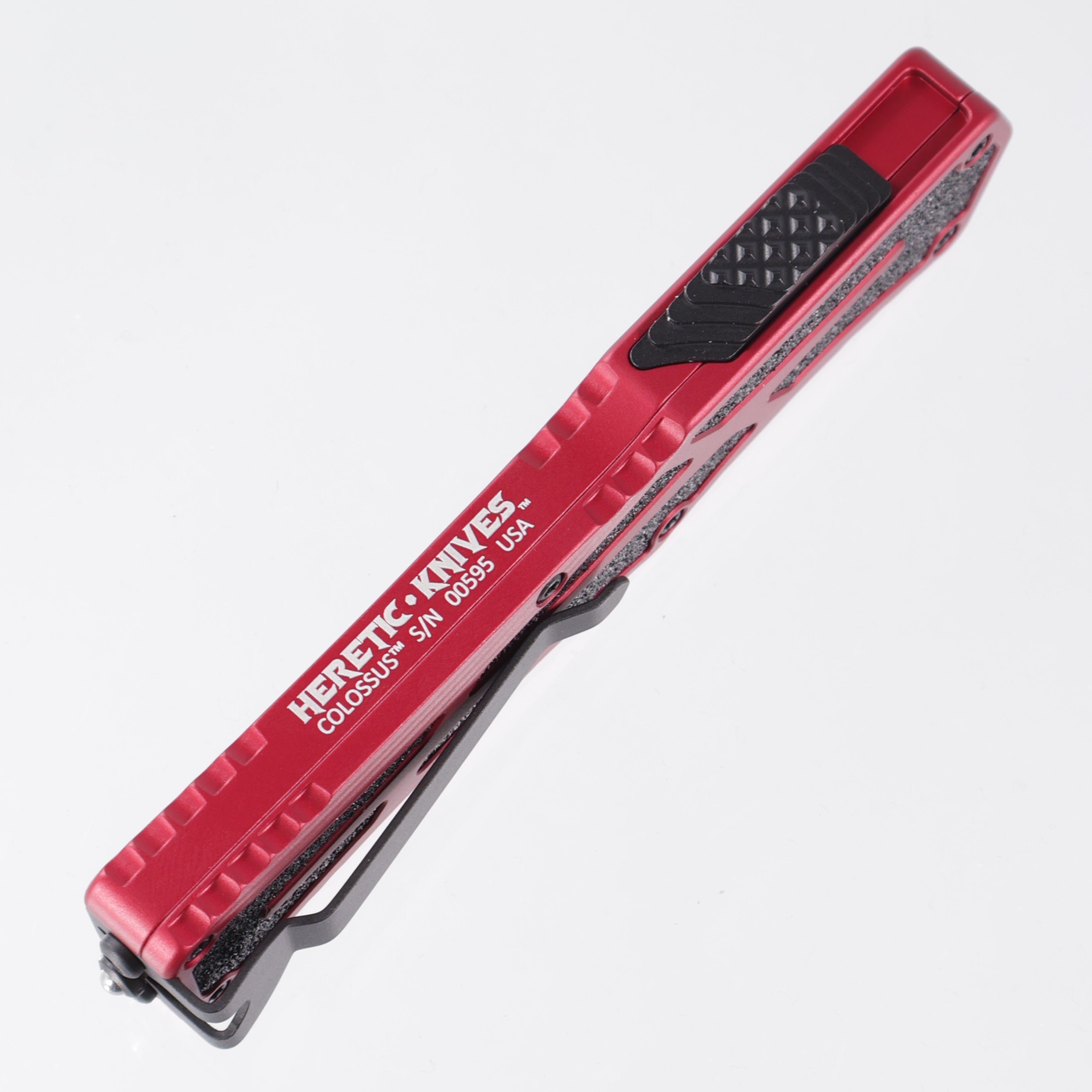Heretic Colossus - DLC Magnacut Double Edge Full Serrated - Red Aluminum w/ Grip Tape Inlay - H041-6C-RED